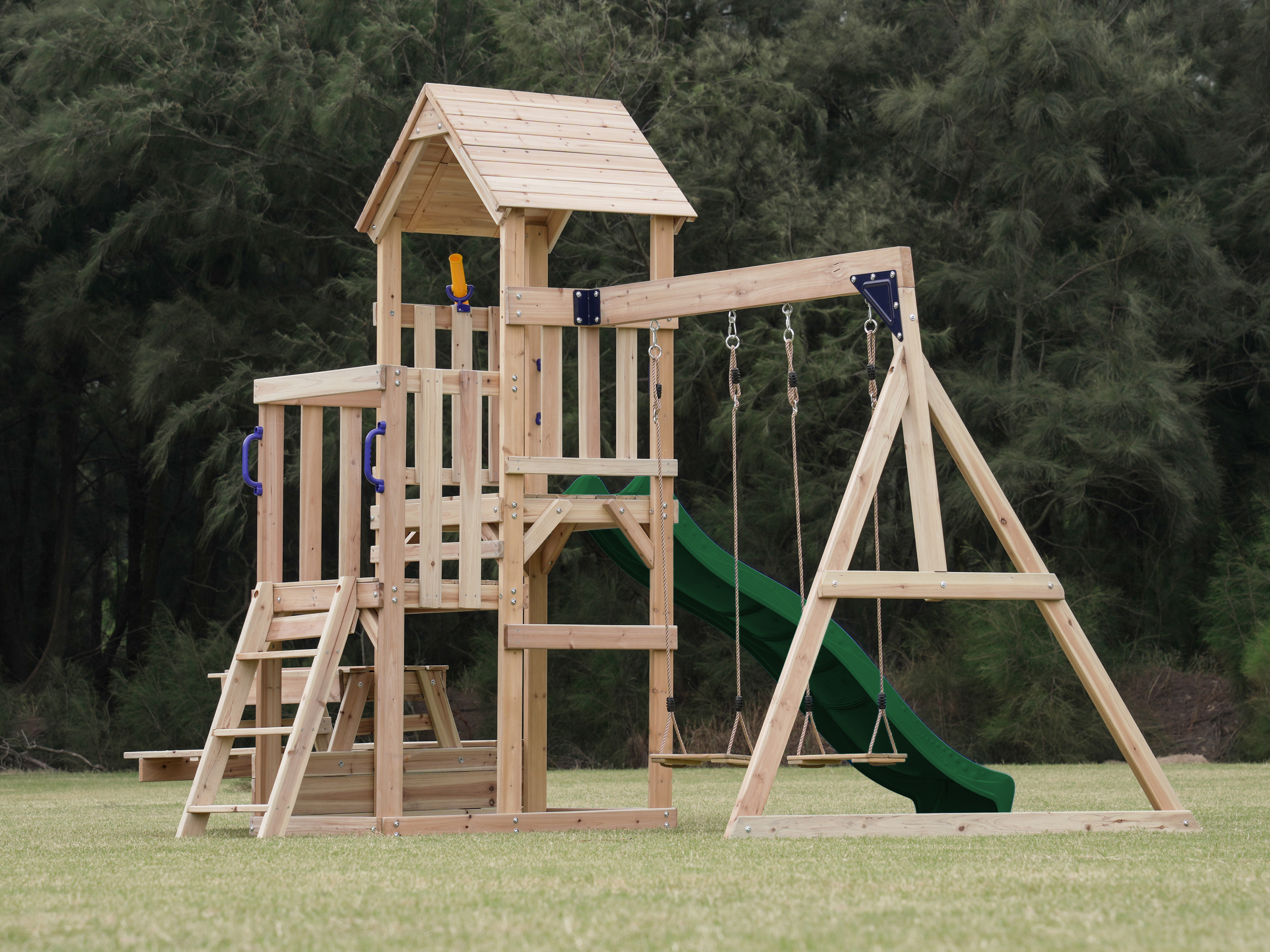 AXI Mette Climbing Frame with Double Swing Set and Picnic Table - Green Slide