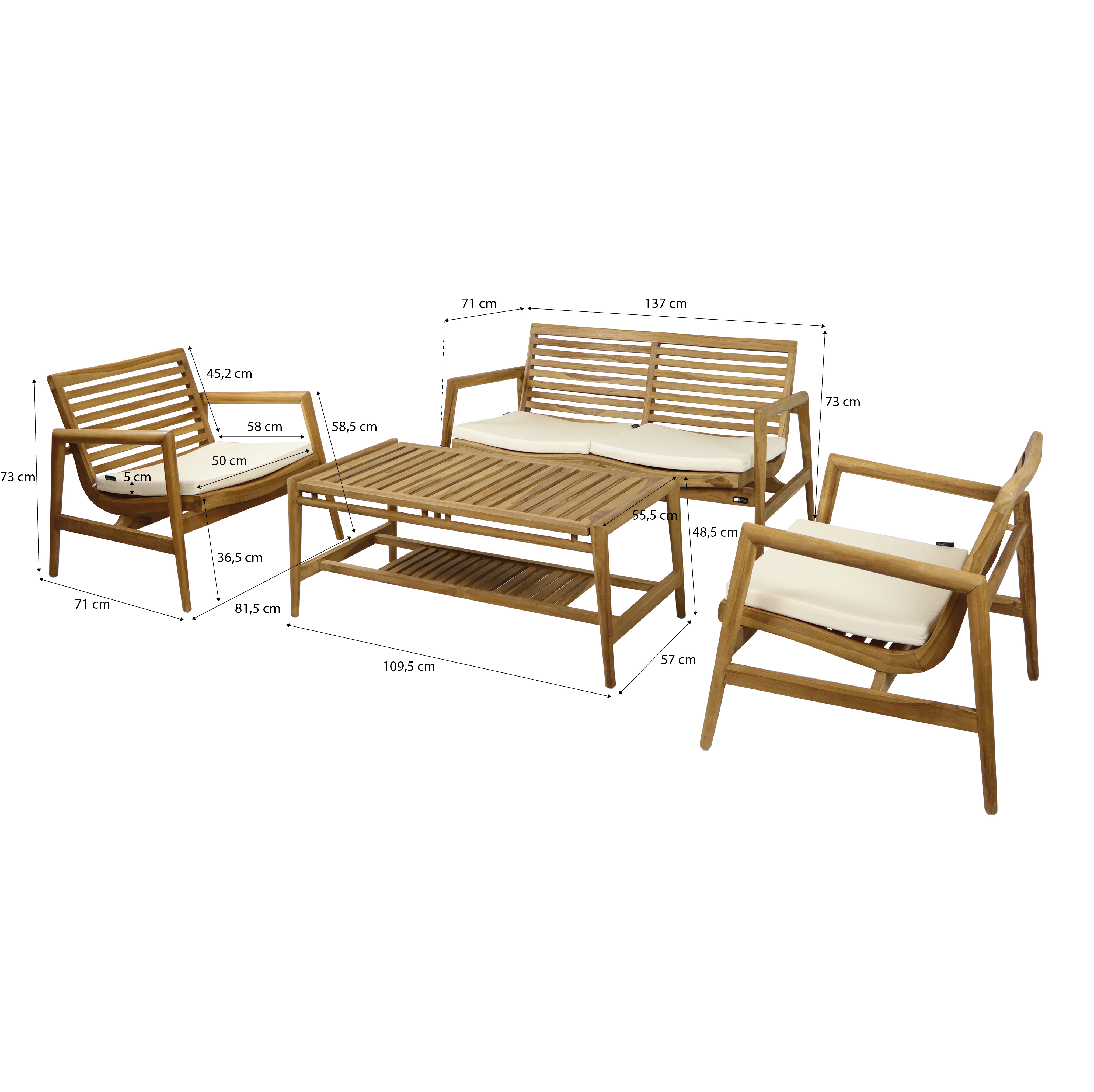 AXI June Lounge Set 4-piece with bench. table & 2 chairs - Teak/Cream-8720365066191 AXI June Lounge Set 4-piece with bench. table & 2 chairs - Teak/Cream