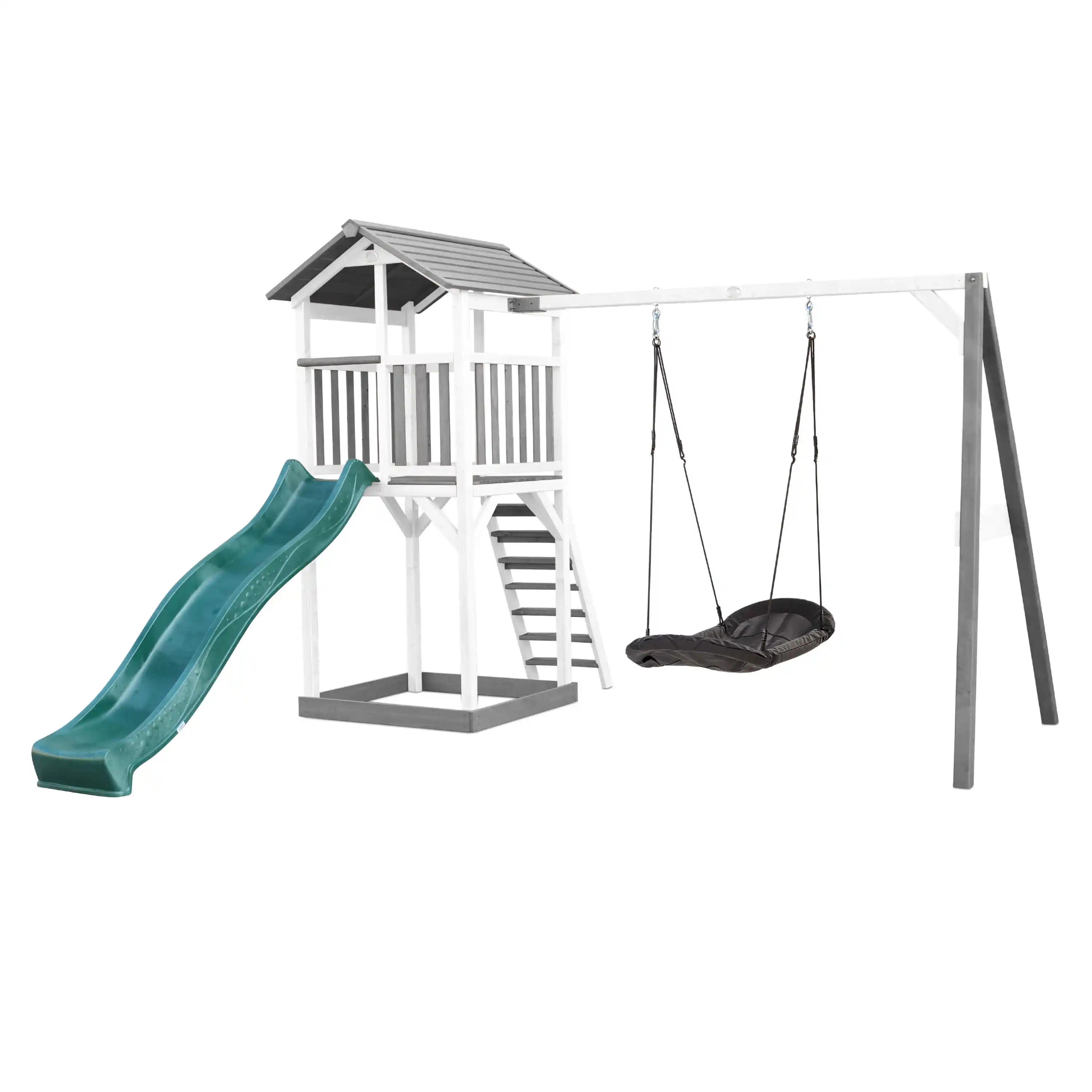AXI Beach Tower Speeltoren met Roxy Nestschommel Grijs/wit - Groene Glijbaan