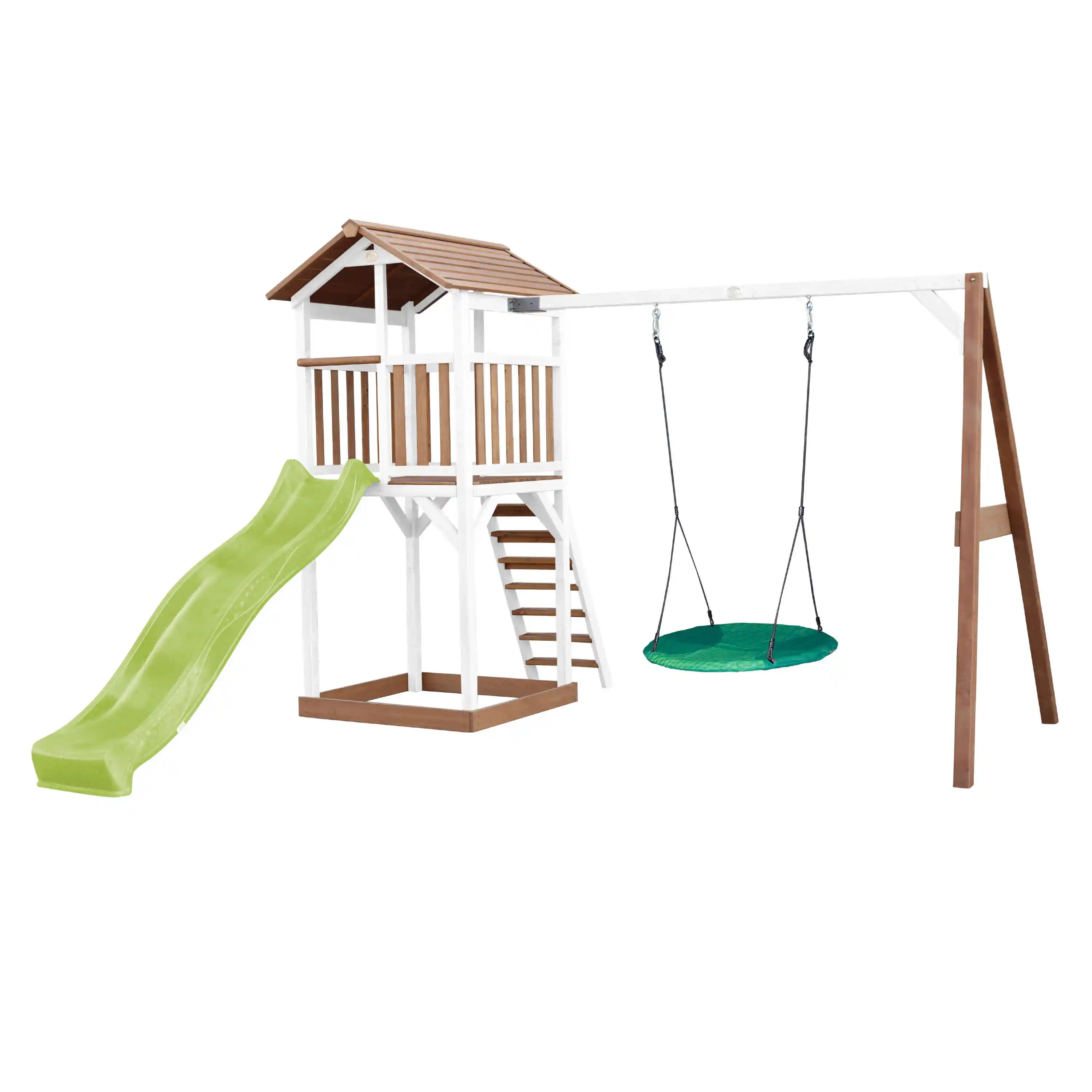 AXI Beach Tower Speeltoren met Summer Nestschommel Bruin/wit - Limoen groene Glijbaan