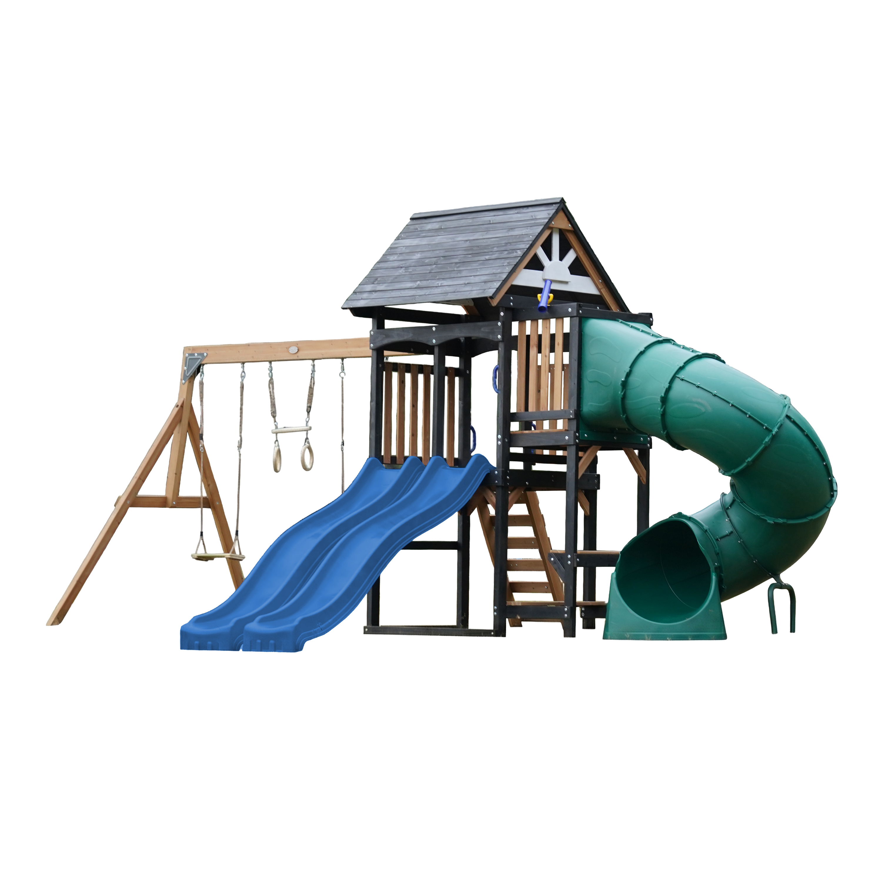 AXI Cody Climbing Frame with Swings. Trapeze and Climbing Wall – Blue Double Slide and Tube Slide