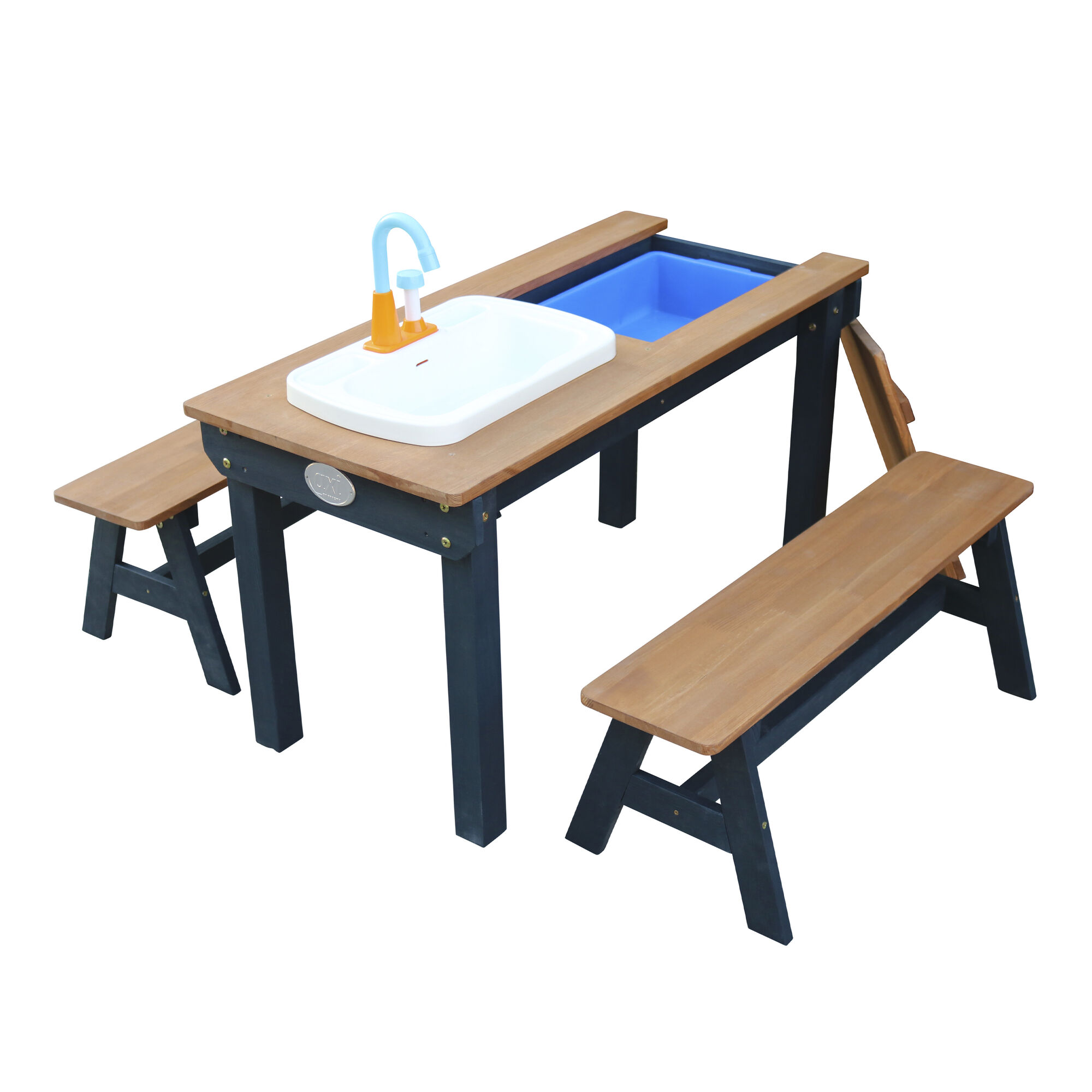 AXI Dennis Zand & Water Picknicktafel met Speelkeuken wastafel en losse bankjes Antraciet/bruin - Parasol Blauw/wit