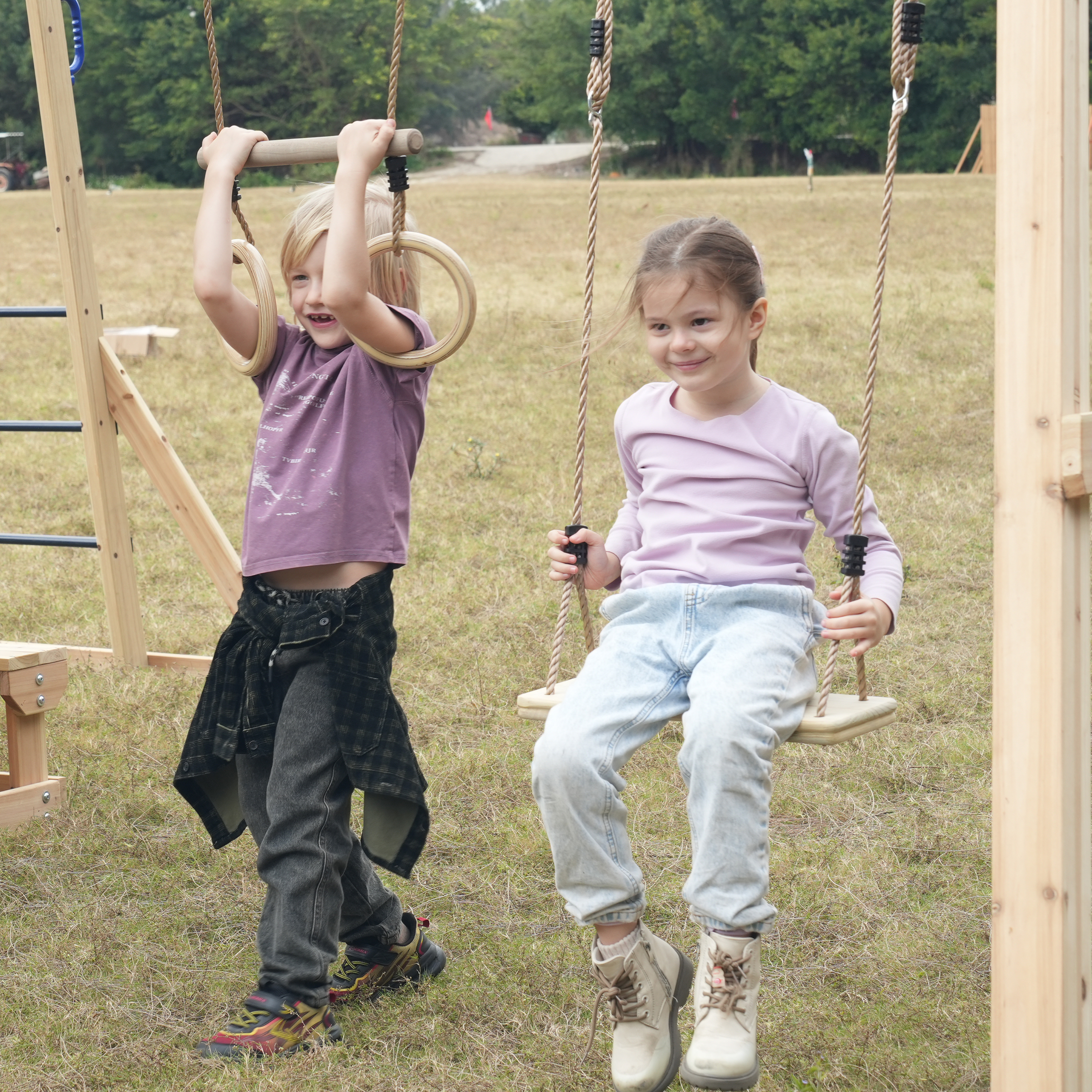AXI Hunter Climbing Frame with Swings, Climbing Frame, Climbing Bridge and Multiple Platforms – Pastel Blue Double Slide