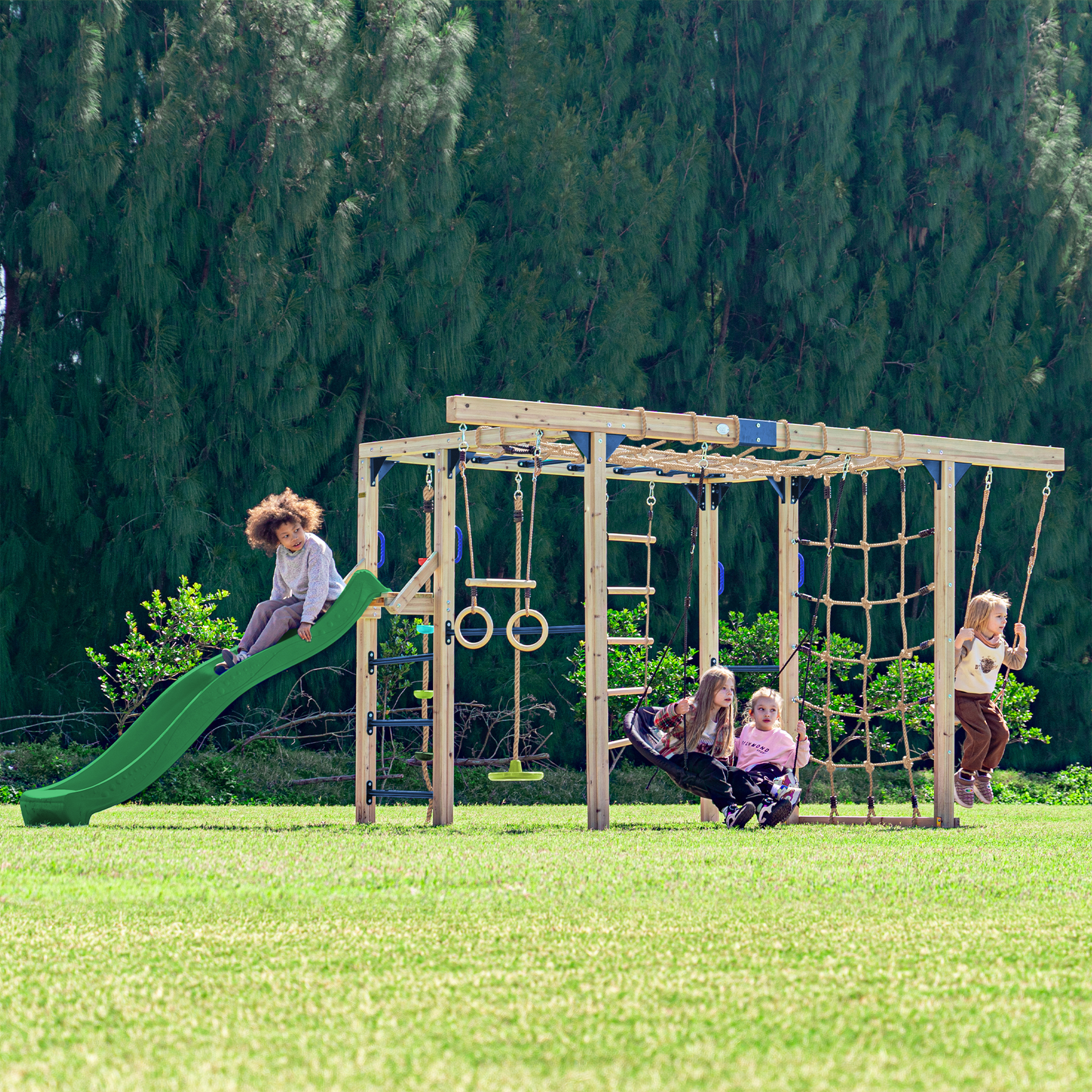 AXI Boris Wooden Playcentre with Swings. Trapeze. Climbing Nets and Monkey Bars – Green Slide-8720365066627 AXI Boris Wooden Playcentre with Swings. Trapeze. Climbing Nets and Monkey Bars – Green Slide