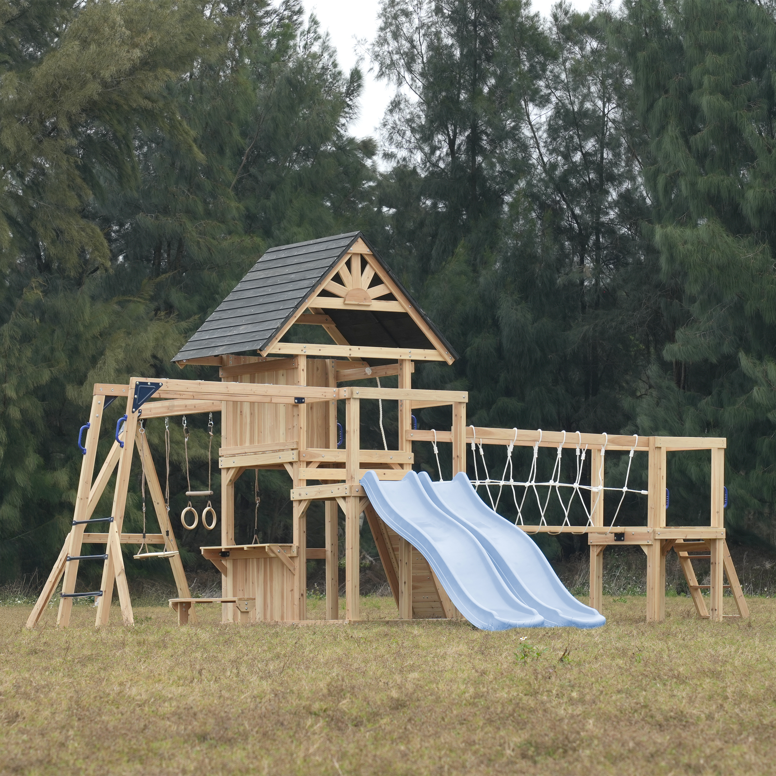 AXI Hunter Climbing Frame with Swings, Climbing Frame, Climbing Bridge and Multiple Platforms – Pastel Blue Double Slide