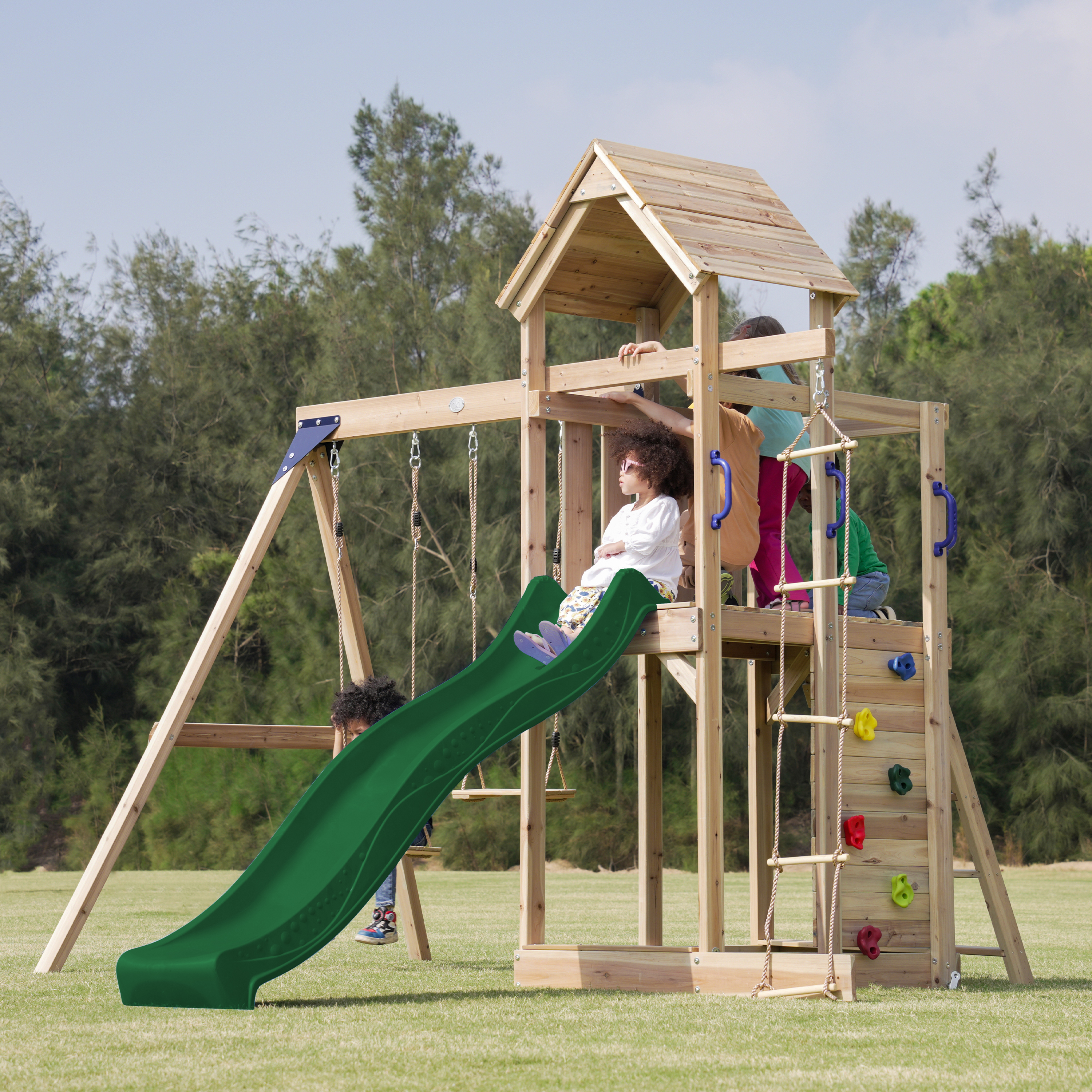 AXI Moos Climbing Frame with Double Swing Set - Green Slide