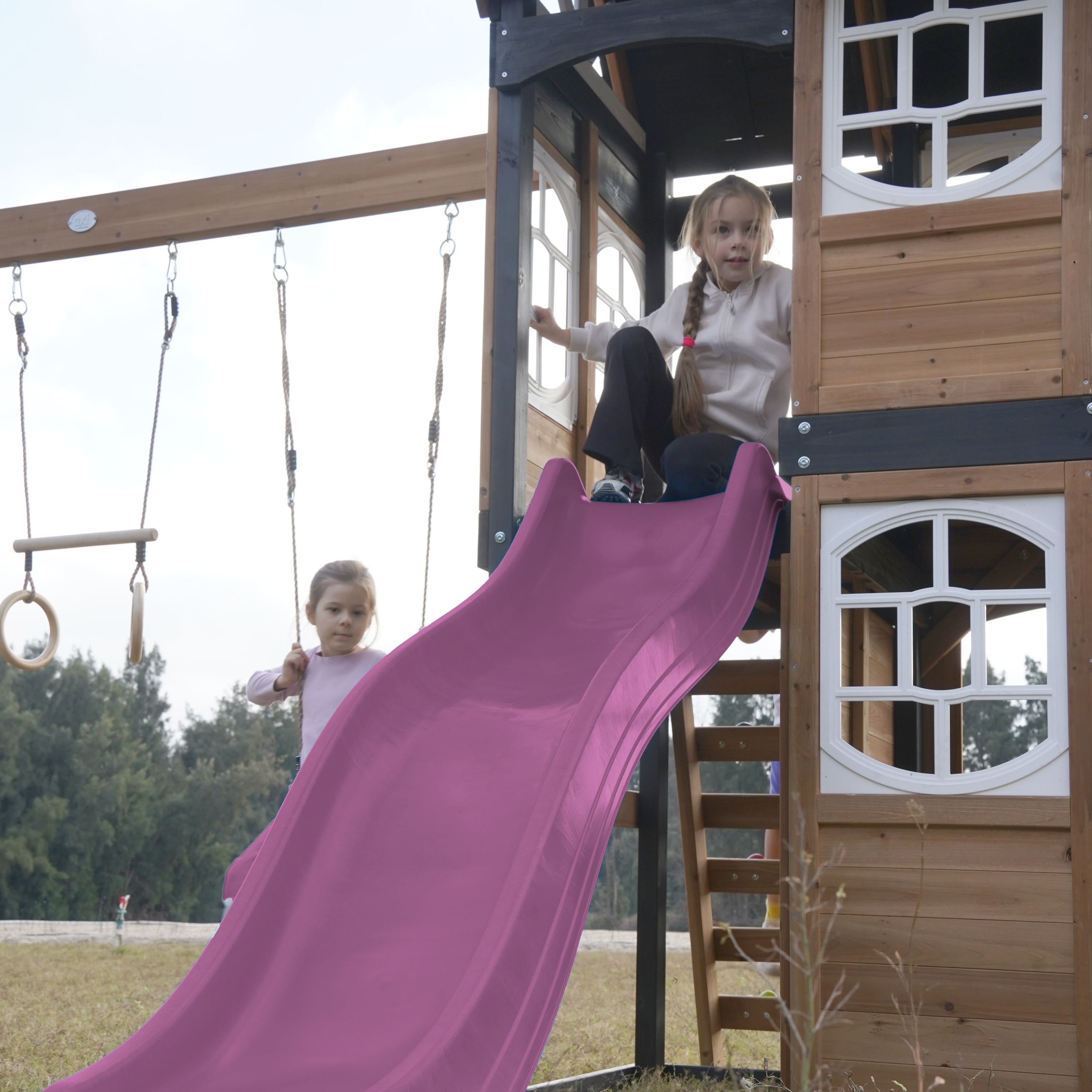 AXI Noud Climbing Frame with Playhouse, Swings, Trapeze and Climbing Wall – Purple Slide and Tube Slide