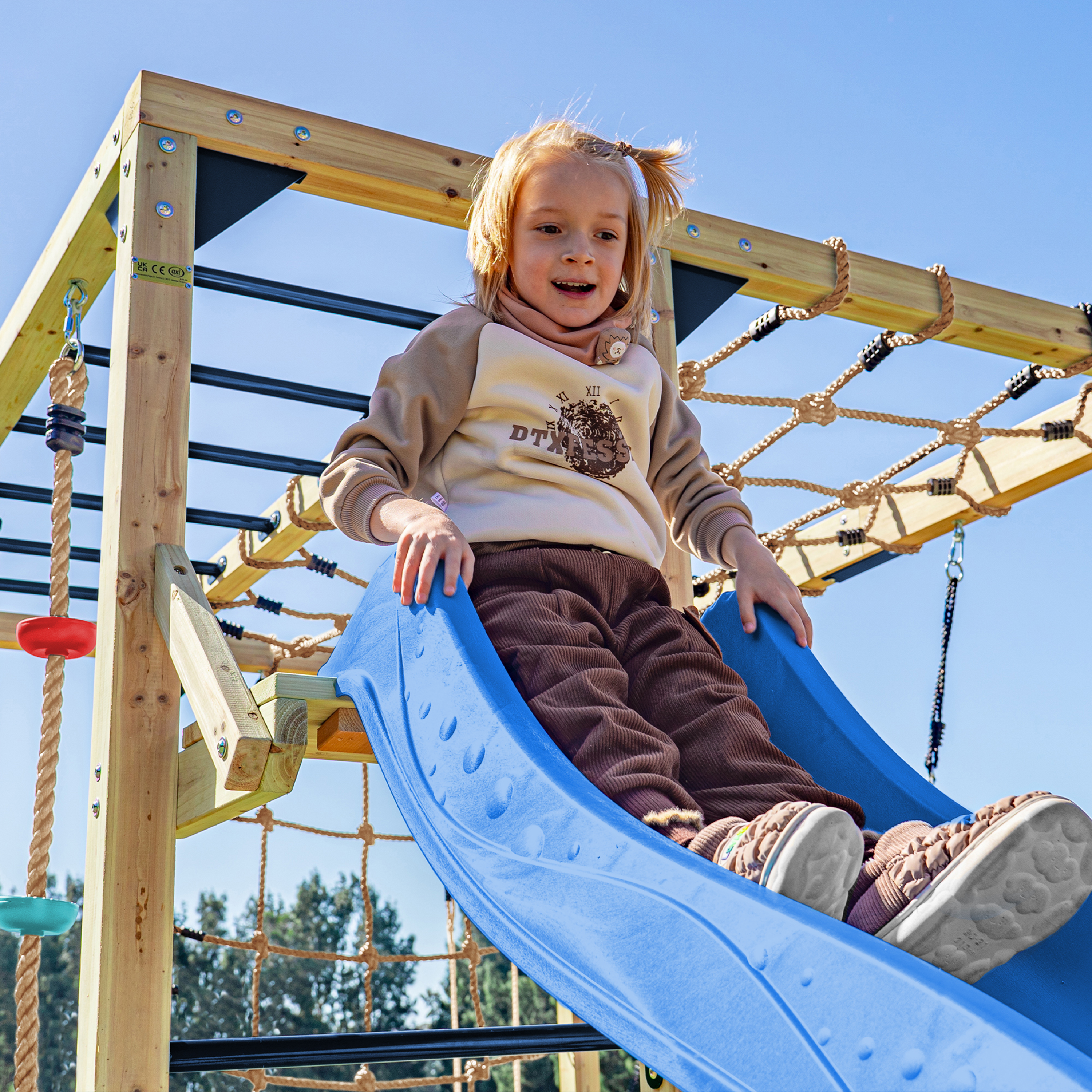 AXI Boris Wooden Playcentre with Swings. Trapeze. Climbing Nets and Monkey Bars – Blue Slide-8720365066658 AXI Boris Wooden Playcentre with Swings. Trapeze. Climbing Nets and Monkey Bars – Blue Slide