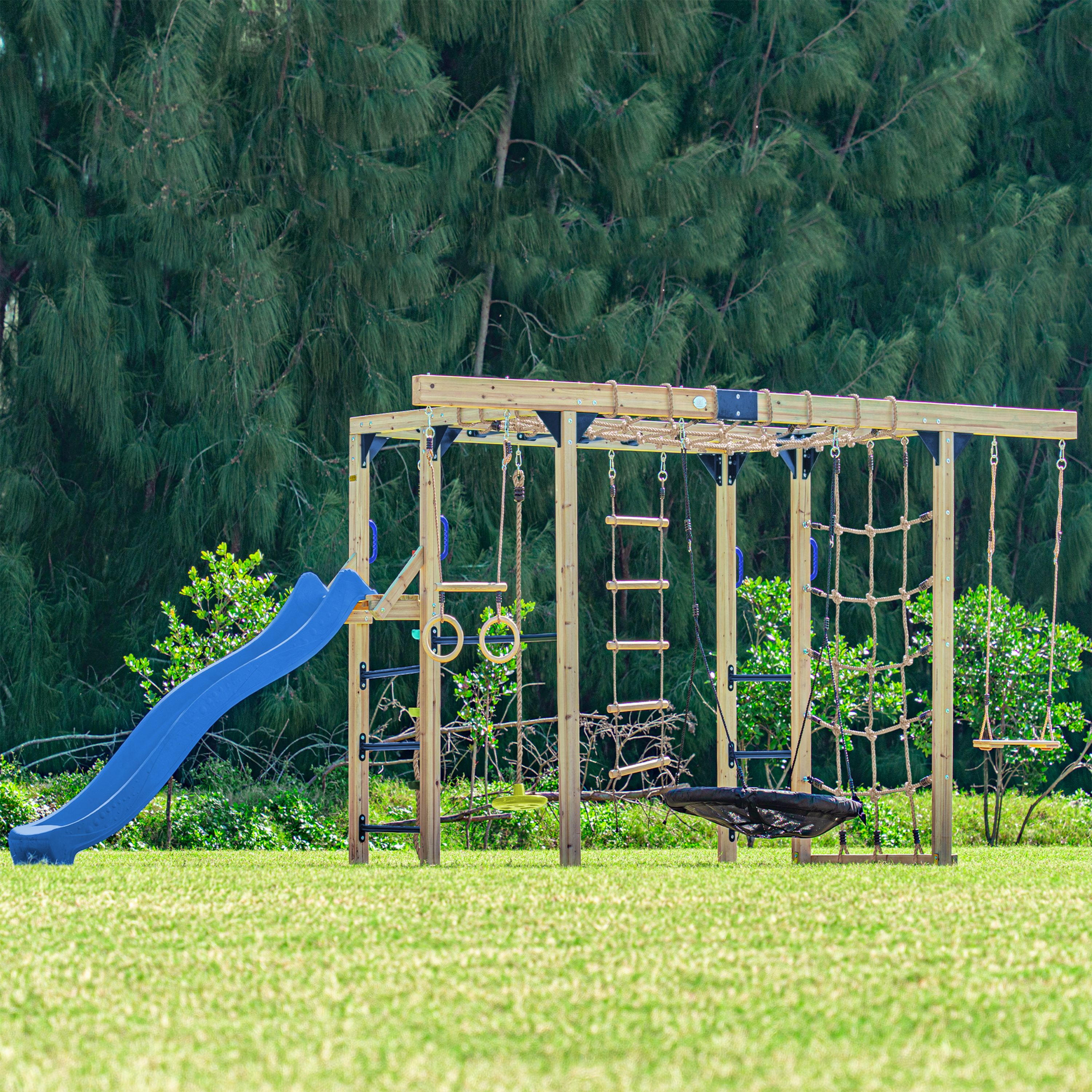 AXI Boris Wooden Playcentre with Swings. Trapeze. Climbing Nets and Monkey Bars – Blue Slide-8720365066658 AXI Boris Wooden Playcentre with Swings. Trapeze. Climbing Nets and Monkey Bars – Blue Slide