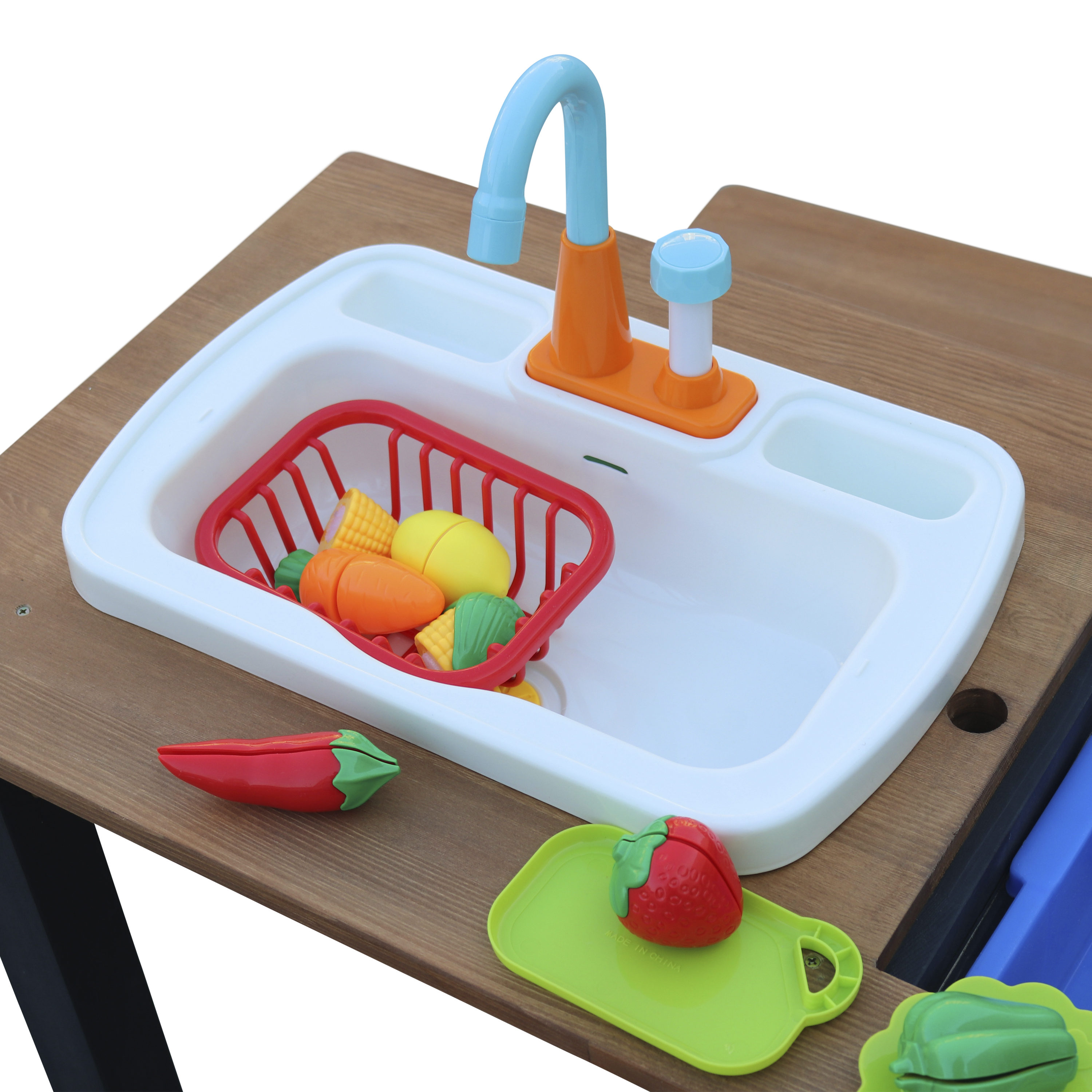 AXI Dennis Sand & Water Picnic Table with Play Kitchen Sink and Benches Anthracite/Brown - Umbrella Blue/White