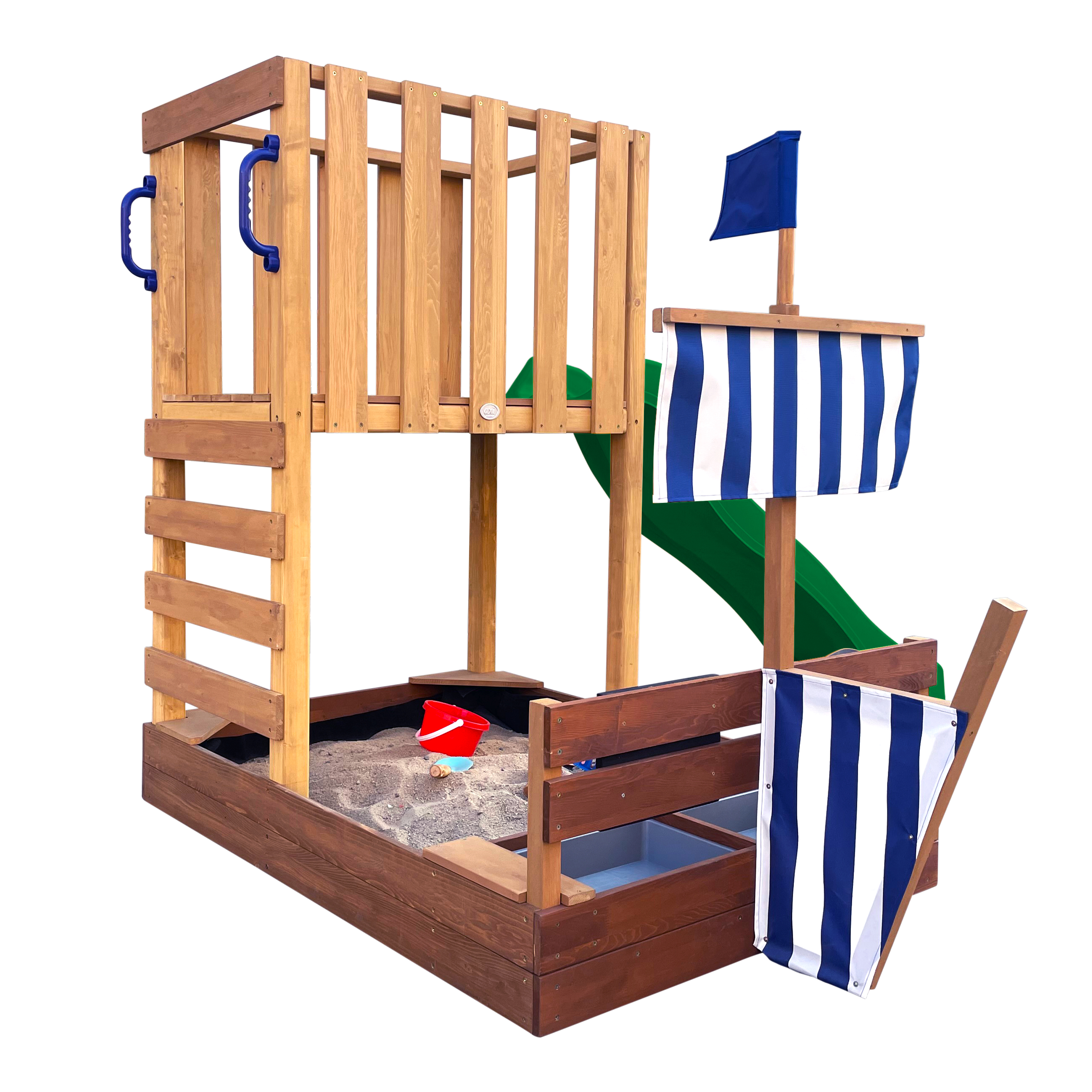 AXI Vicky Climbing Frame with Sandbox. Play Kitchen & Chalkboard – Green Slide