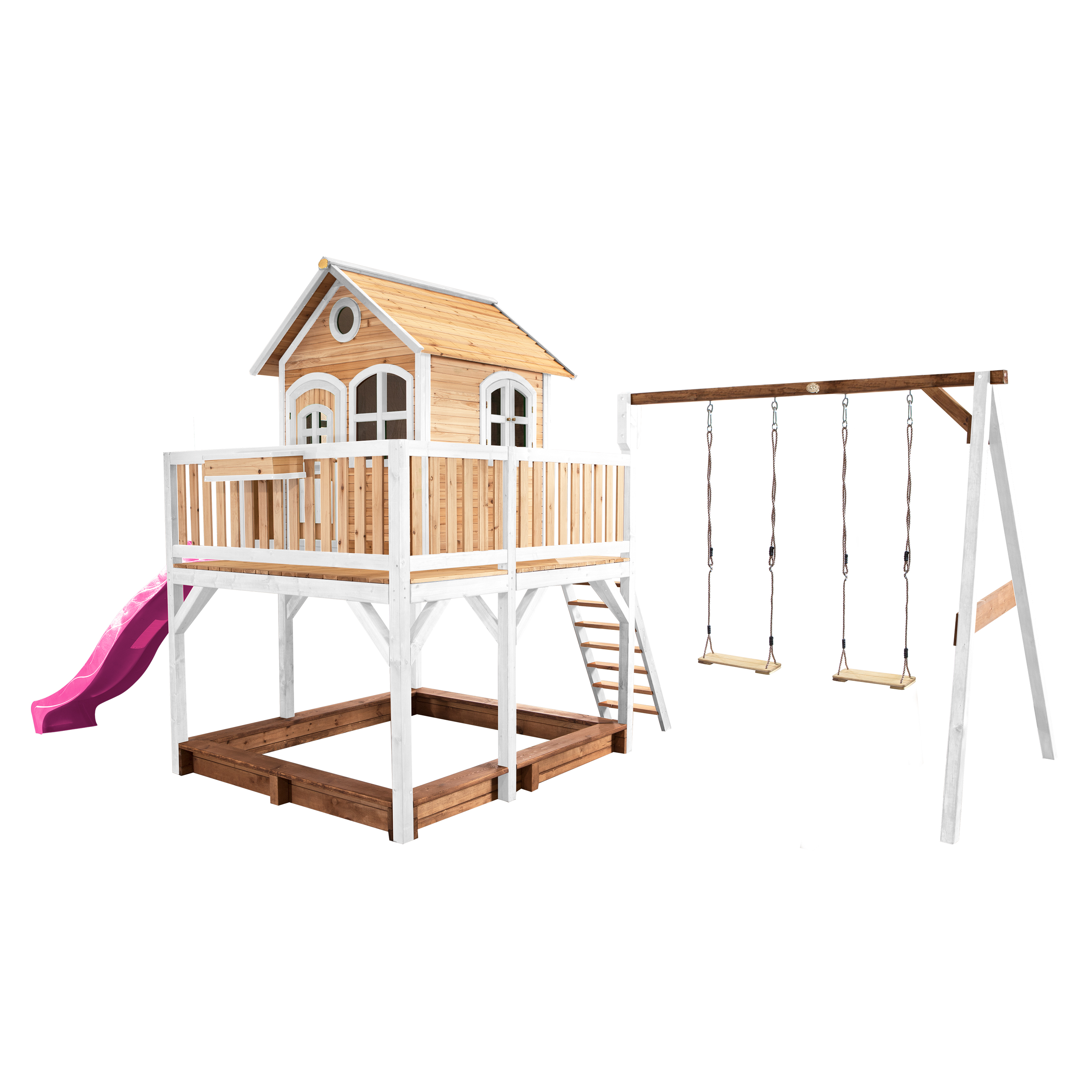 AXI Liam Playhouse with Double Swing Set Brown/White - Purple Slide