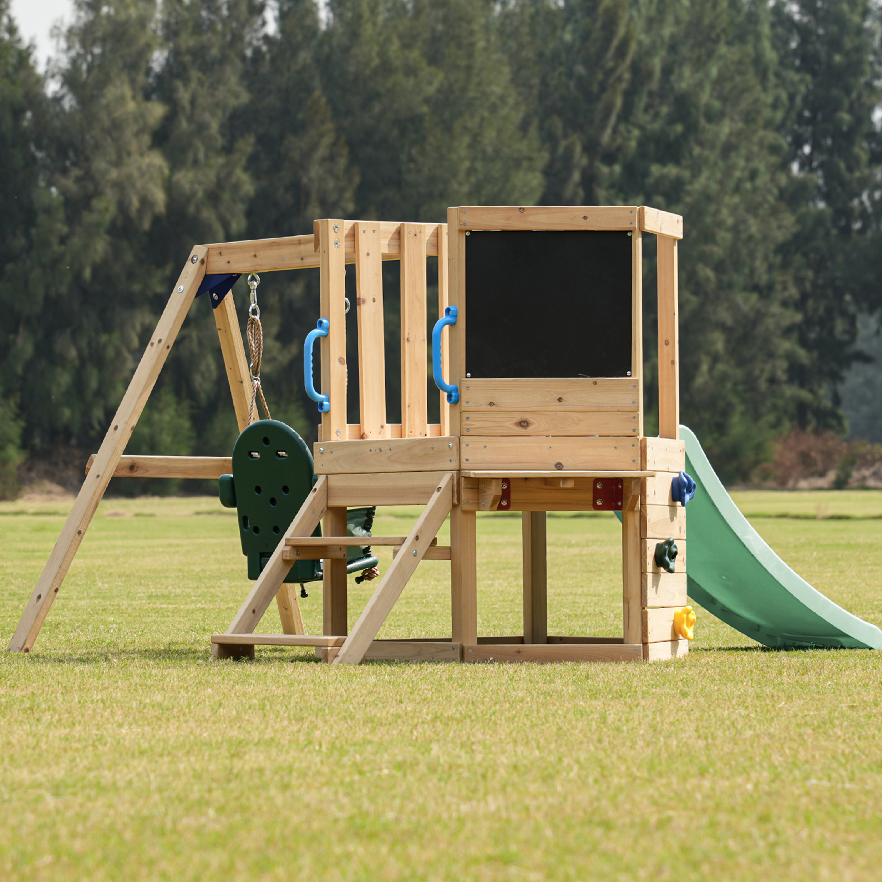 AXI Timo Mini Climbing Frame with Baby Swing, Climbing Wall and Chalkboard – Pastel Green Slide
