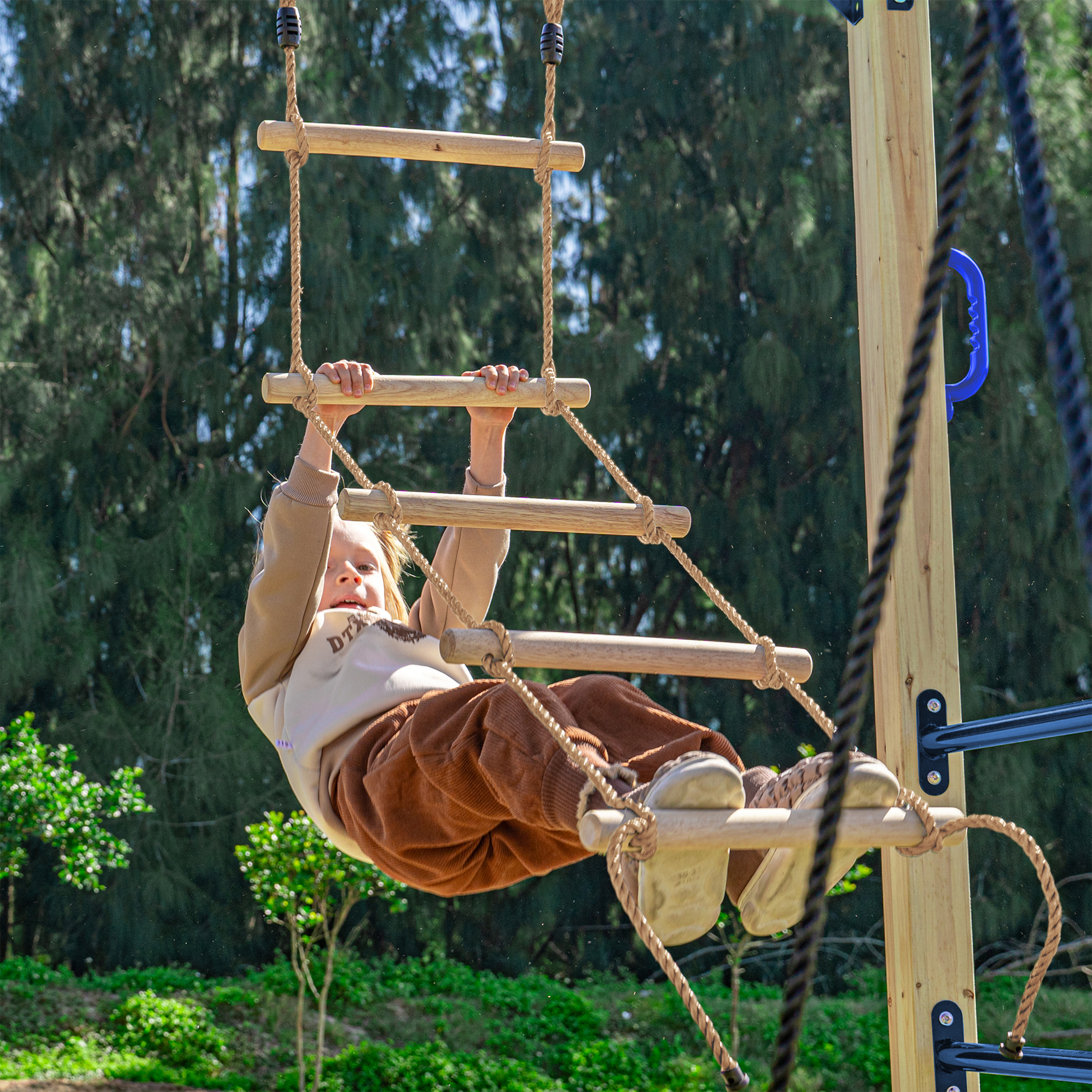 AXI Boris Wooden Playcentre with Swings. Trapeze. Climbing Nets and Monkey Bars – Blue Slide-8720365066658 AXI Boris Wooden Playcentre with Swings. Trapeze. Climbing Nets and Monkey Bars – Blue Slide