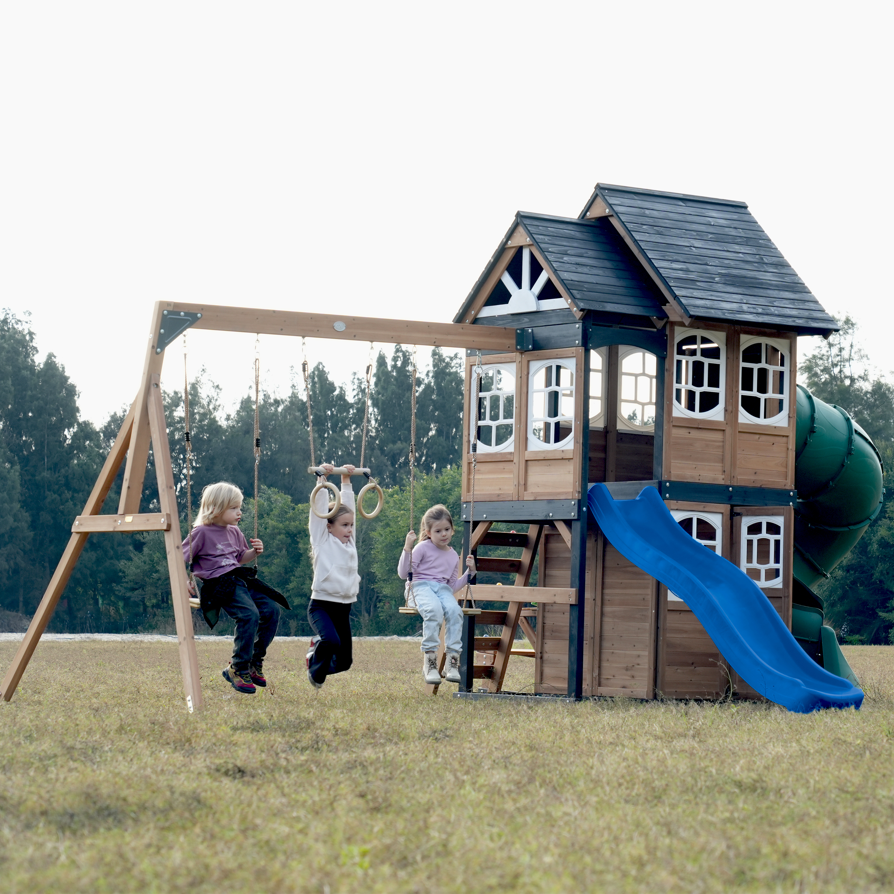 AXI Noud Climbing Frame with Playhouse, Swings, Trapeze and Climbing Wall – Blue Slide and Tube Slide