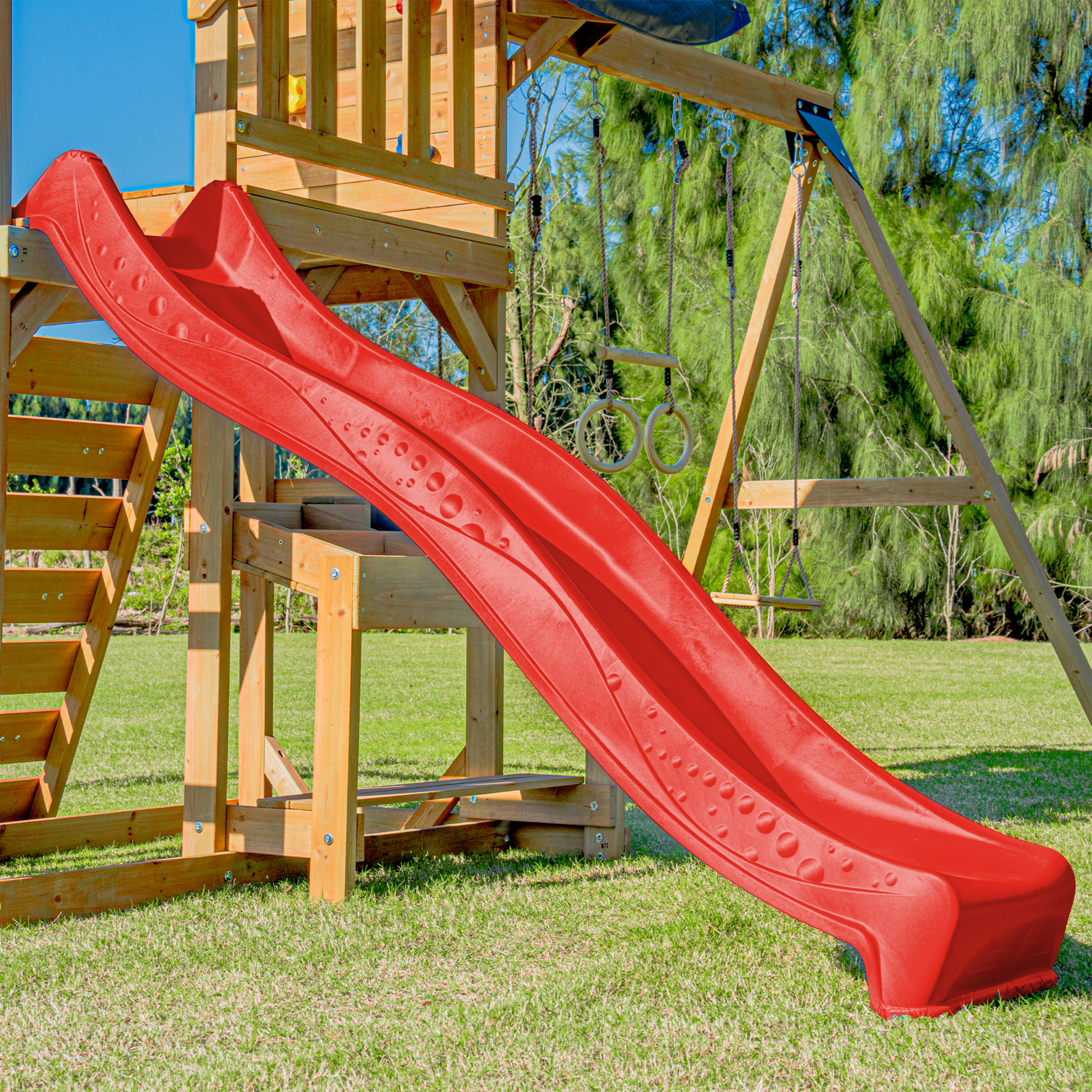 AXI Mitch Climbing Frame with Double Swing. Trapeze and Lookout Tower – Red Slide