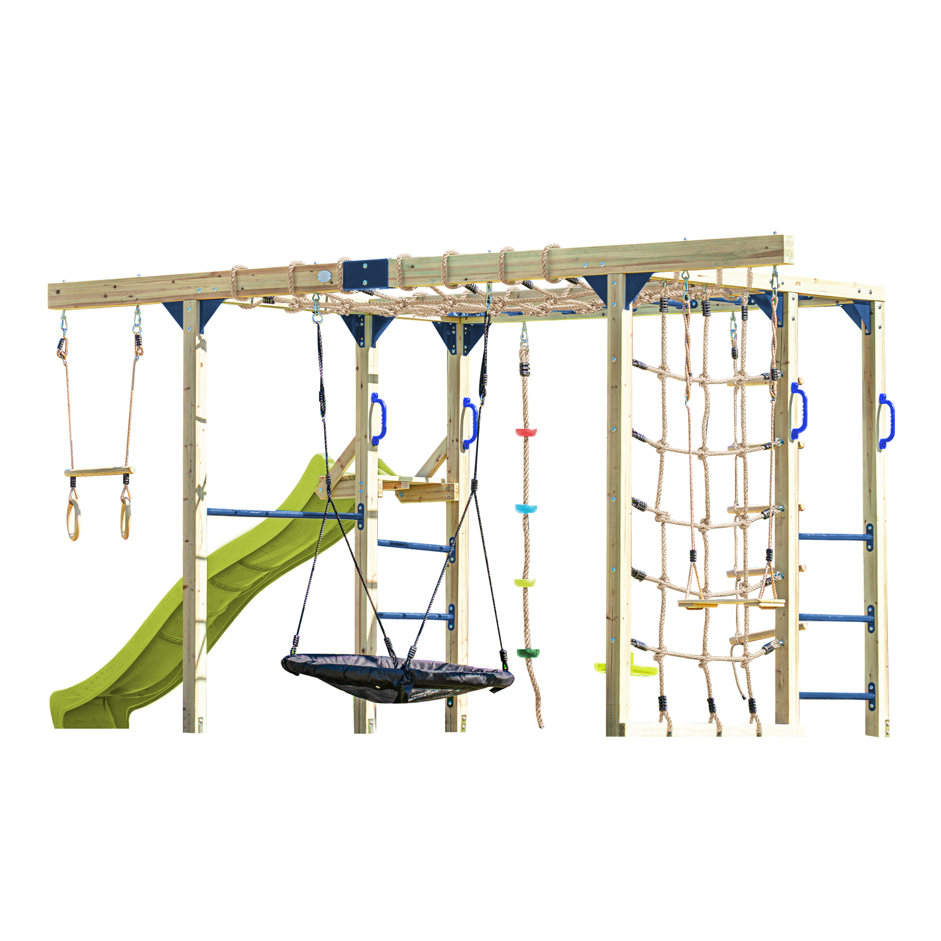 AXI Boris Wooden Playcentre with Swings. Trapeze. Climbing Nets and Monkey Bars – Lime Green Slide