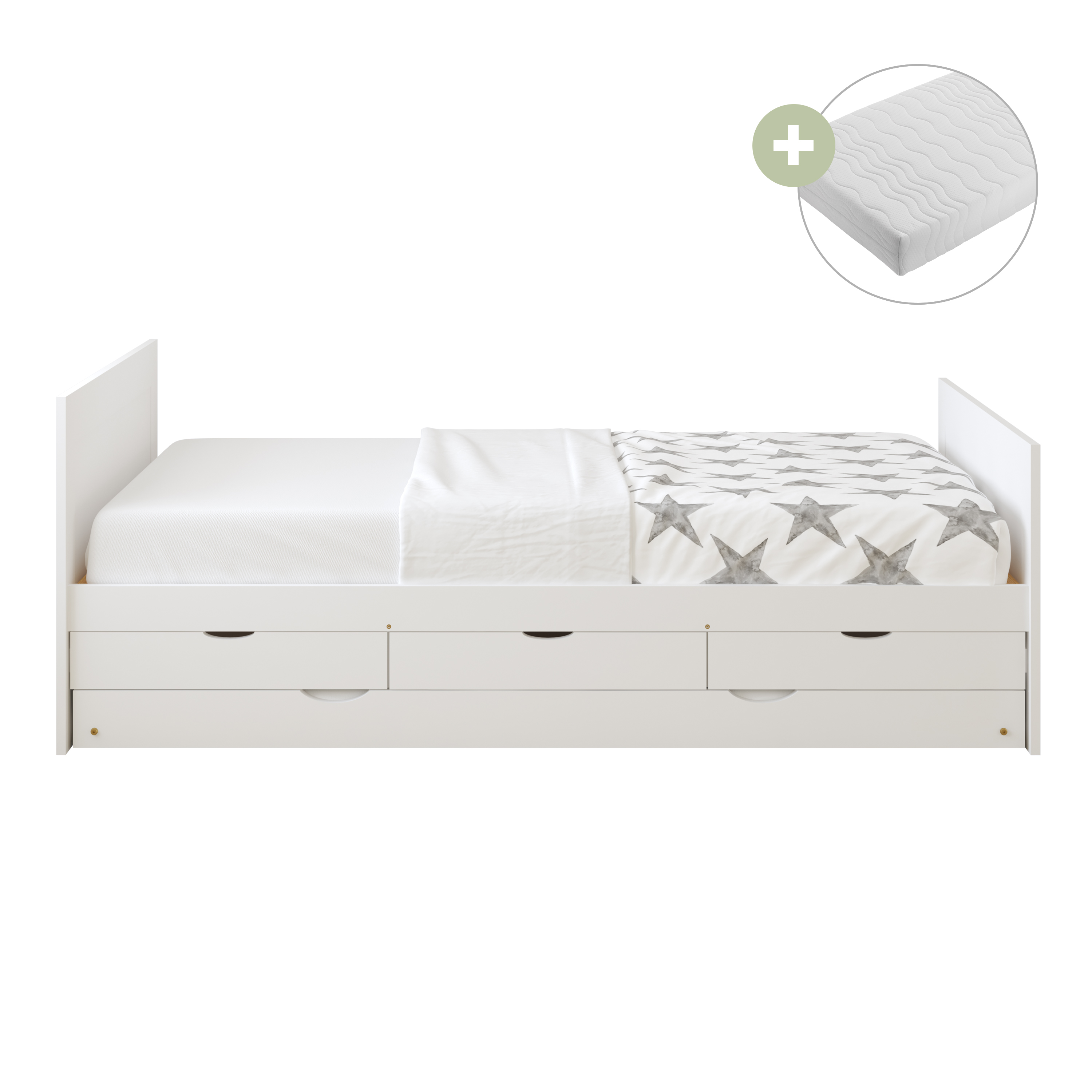 Sunny Eli Kids Bed with Pull-Out Bed and 3 Storage Drawers White – With Mattress-8720365069314 Sunny Eli Kids Bed with Pull-Out Bed and 3 Storage Drawers White – With Mattress