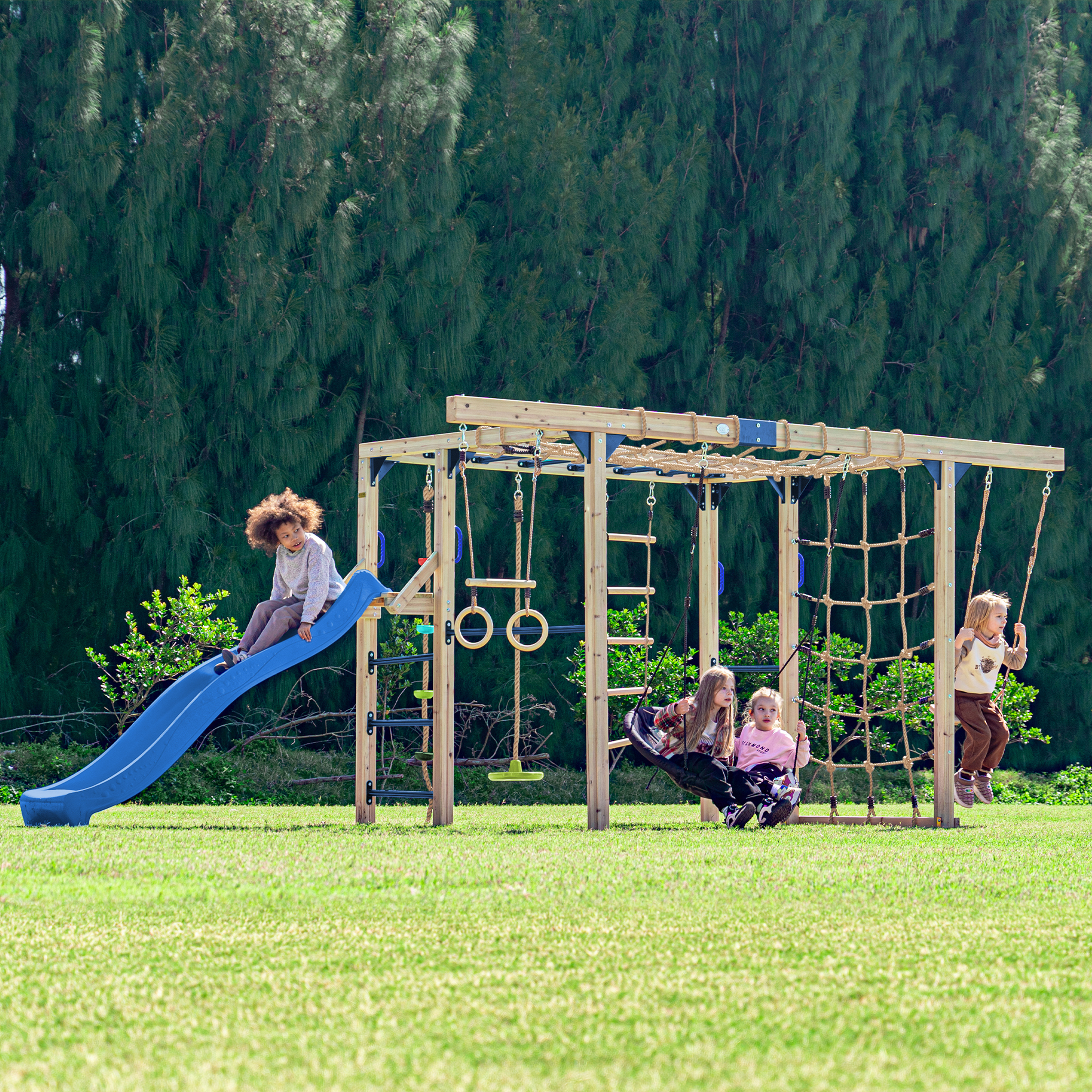 AXI Boris Wooden Playcentre with Swings. Trapeze. Climbing Nets and Monkey Bars – Blue Slide-8720365066658 AXI Boris Wooden Playcentre with Swings. Trapeze. Climbing Nets and Monkey Bars – Blue Slide