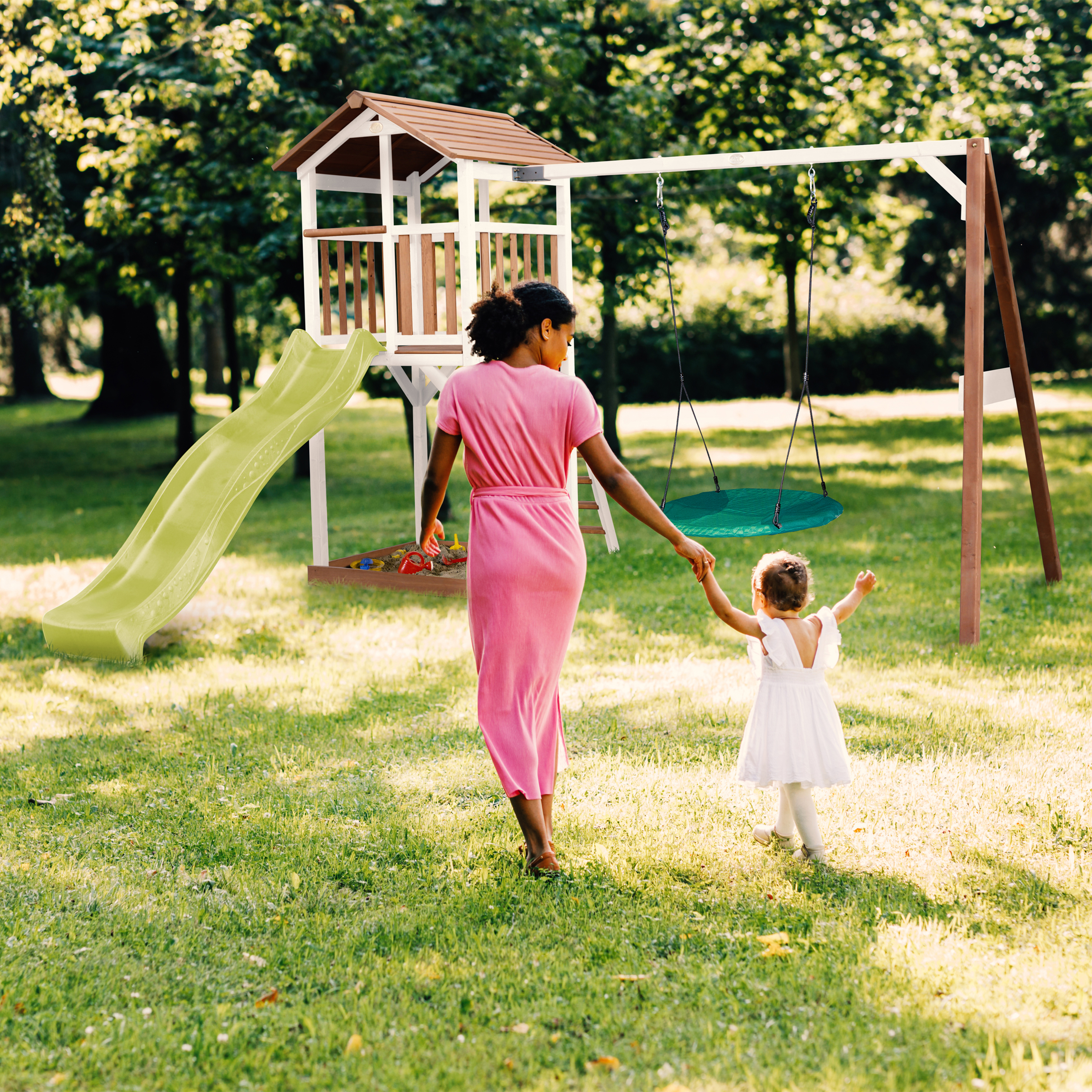 AXI Beach Tower with Summer Nest Swing Set Brown/White - Lime Green Slide