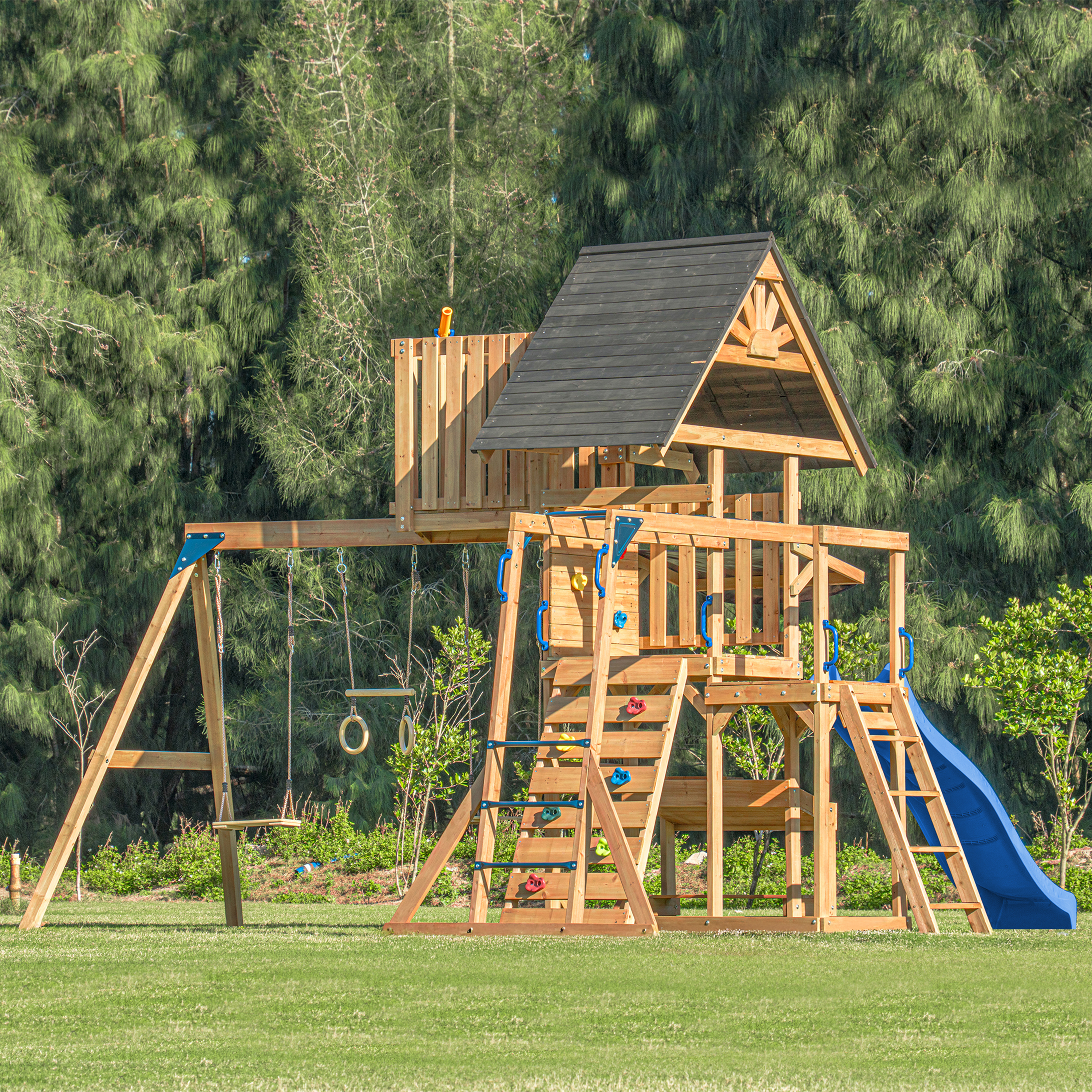 AXI Mitch Climbing Frame with Double Swing. Trapeze and Lookout Tower – Blue Slide