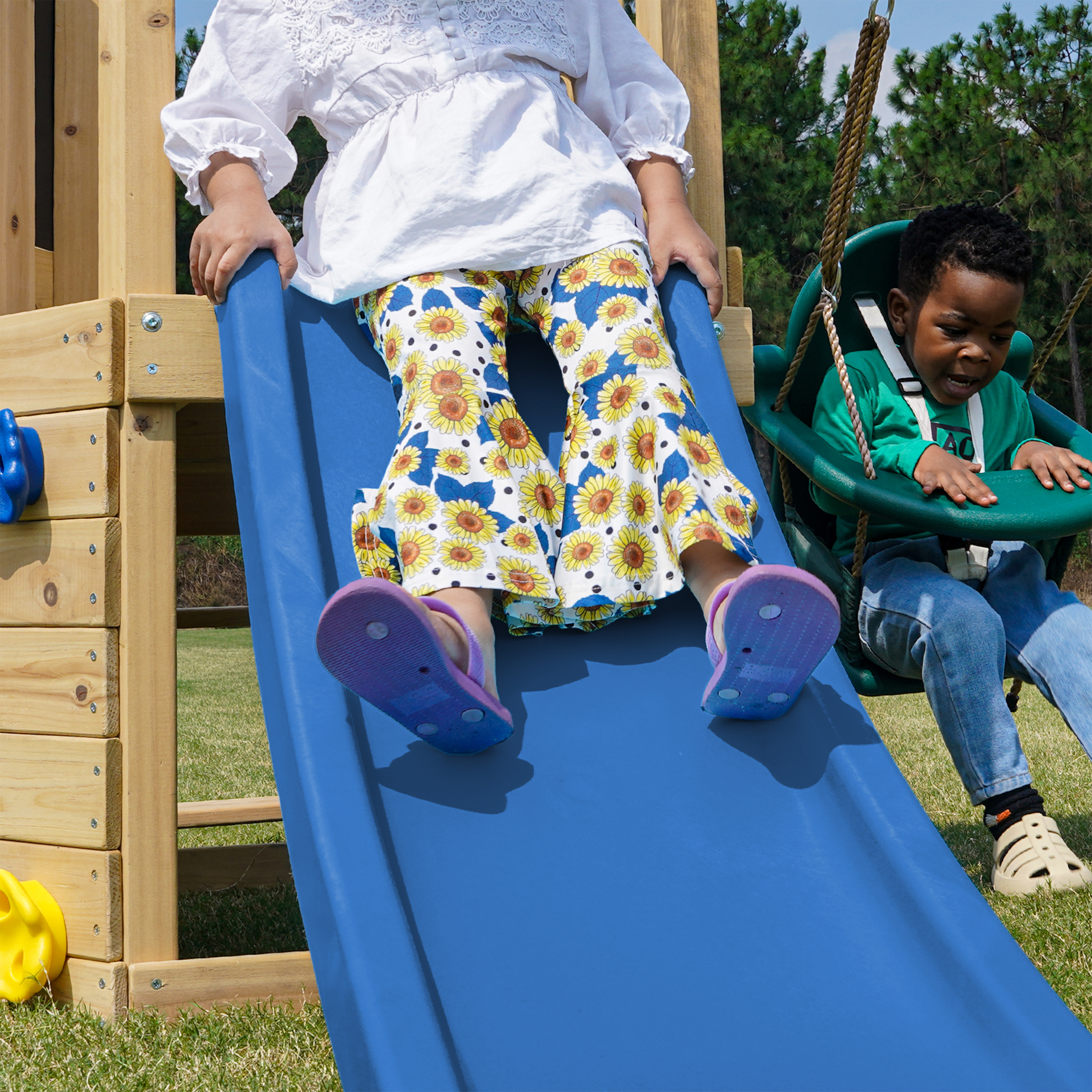 AXI Timo Mini Climbing Frame with Baby Swing, Climbing Wall and Chalkboard – Blue Slide