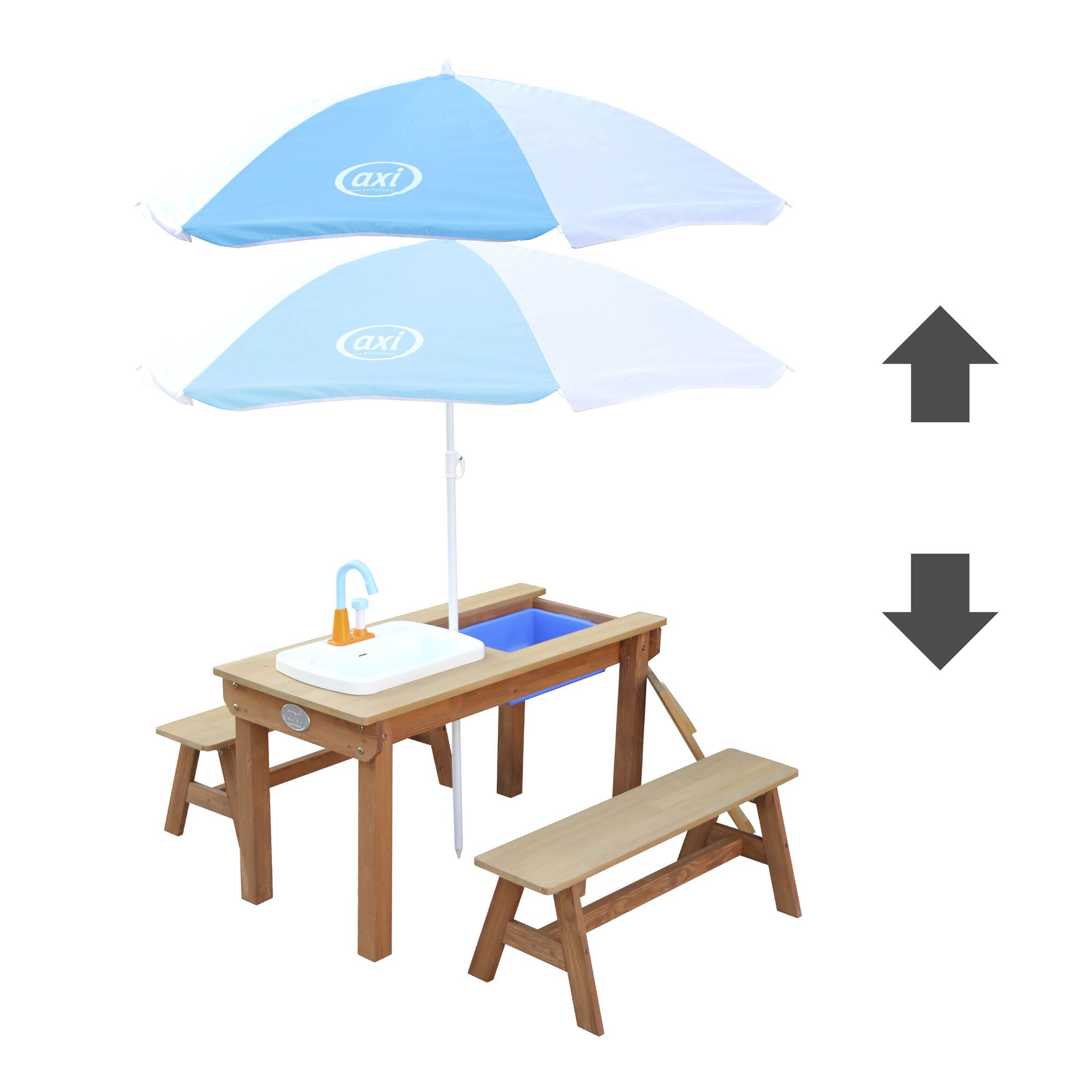 AXI Dennis Zand & Water Picknicktafel met Speelkeuken wastafel en losse bankjes Bruin - Parasol Blauw/wit