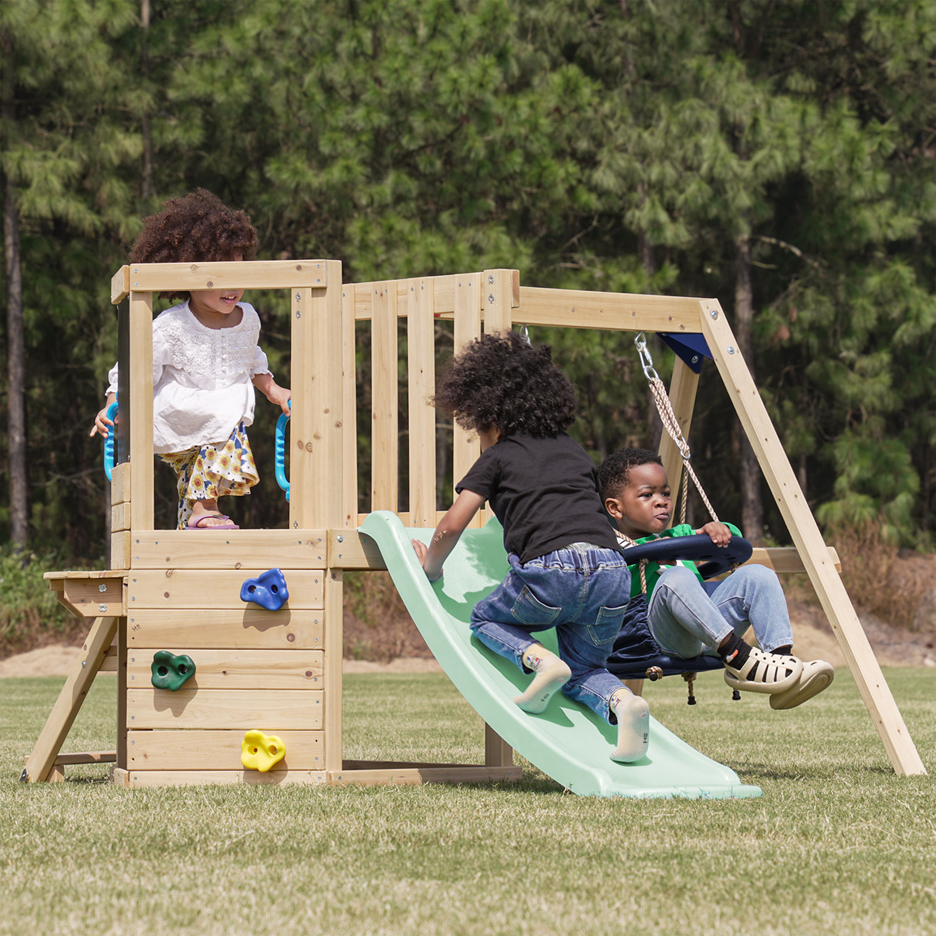 AXI Timo Mini Climbing Frame with Baby Swing, Climbing Wall and Chalkboard – Pastel Green Slide