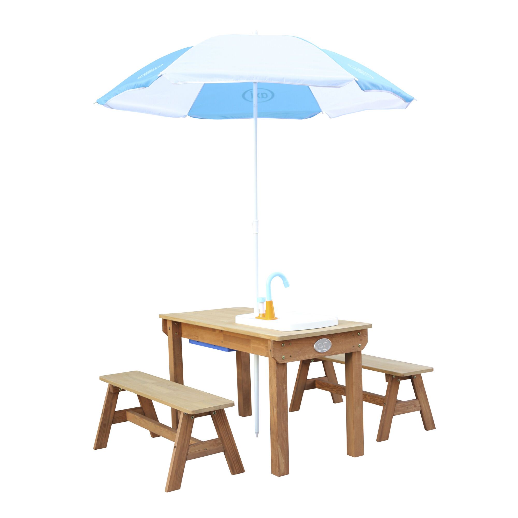 AXI Dennis Zand & Water Picknicktafel met Speelkeuken wastafel en losse bankjes Bruin - Parasol Blauw/wit
