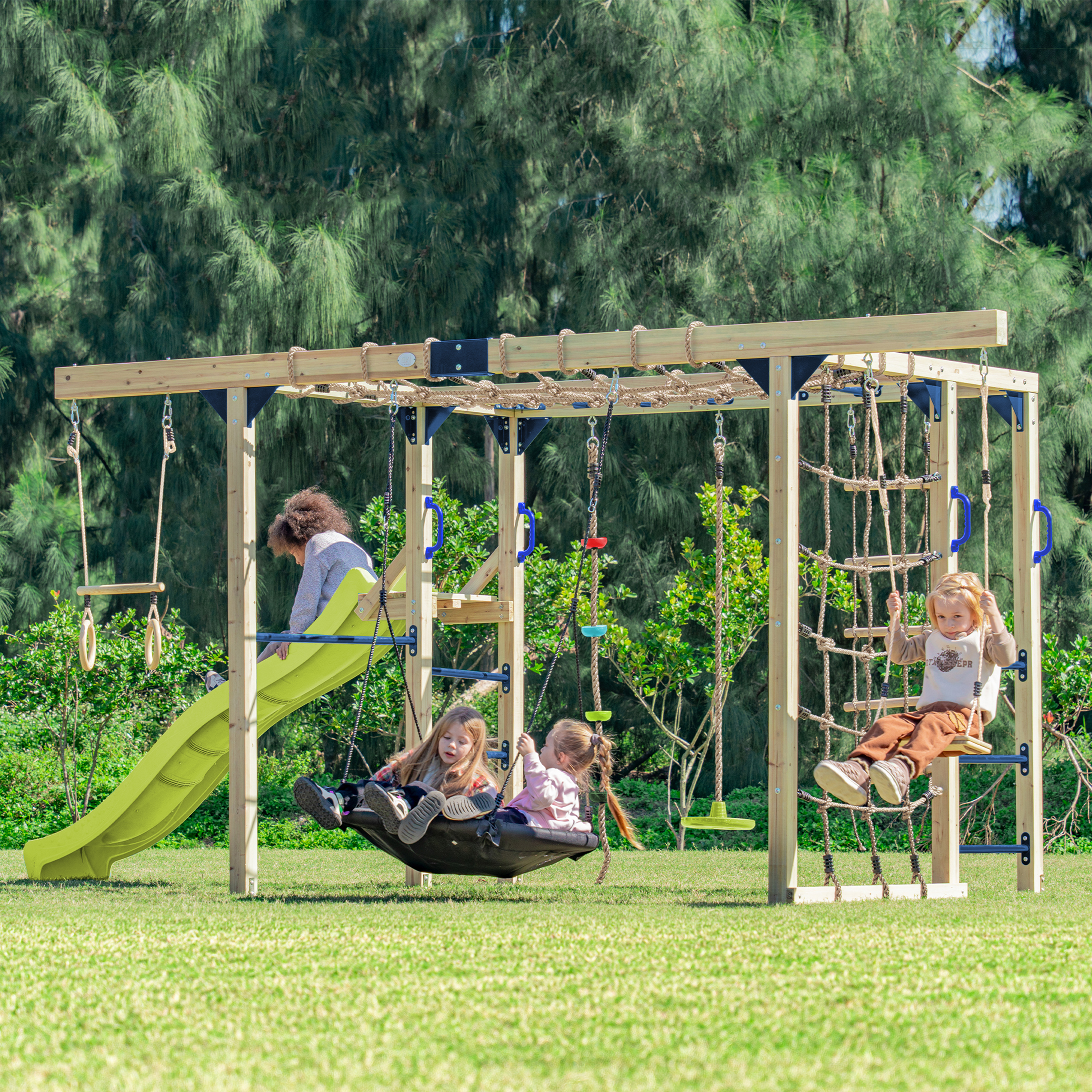 AXI Boris Wooden Playcentre with Swings. Trapeze. Climbing Nets and Monkey Bars – Lime Green Slide