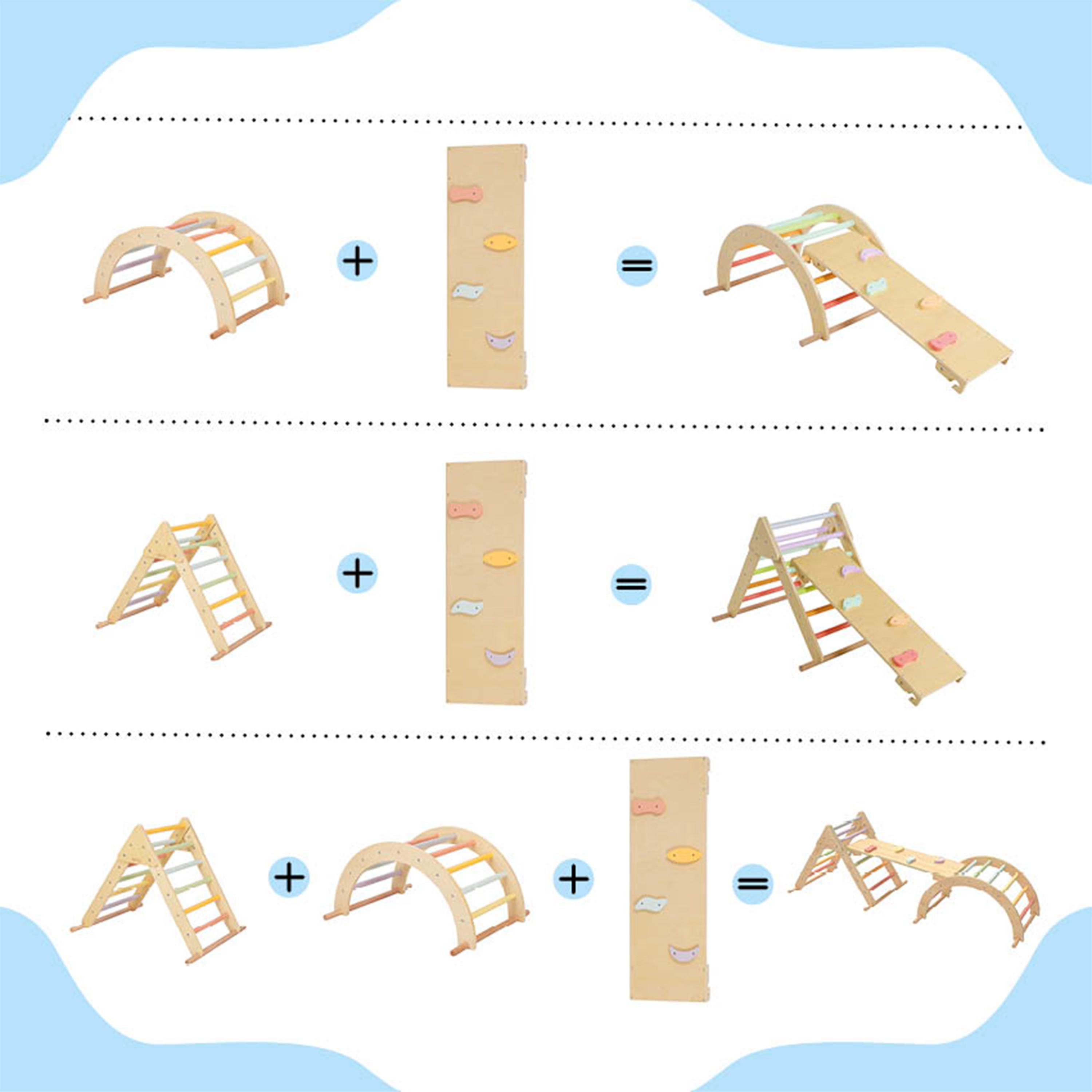 Sunny Charlie 3-in-1 Wooden Climbing Triangle with Climbing Wall and Rocker - Pastel