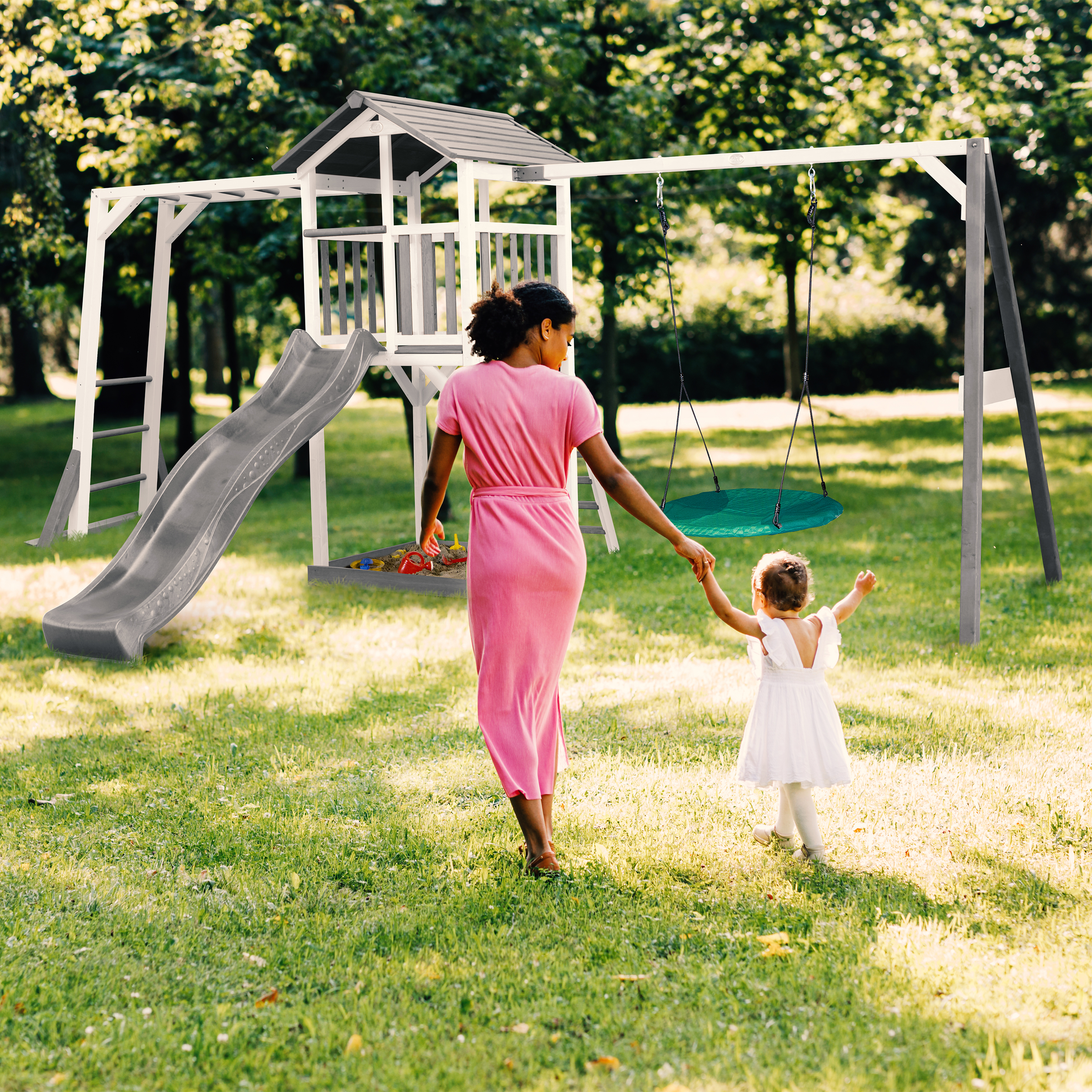 AXI Beach Tower with Climbing Frame and Summer Nest Swing Set Grey/White - Grey Slide
