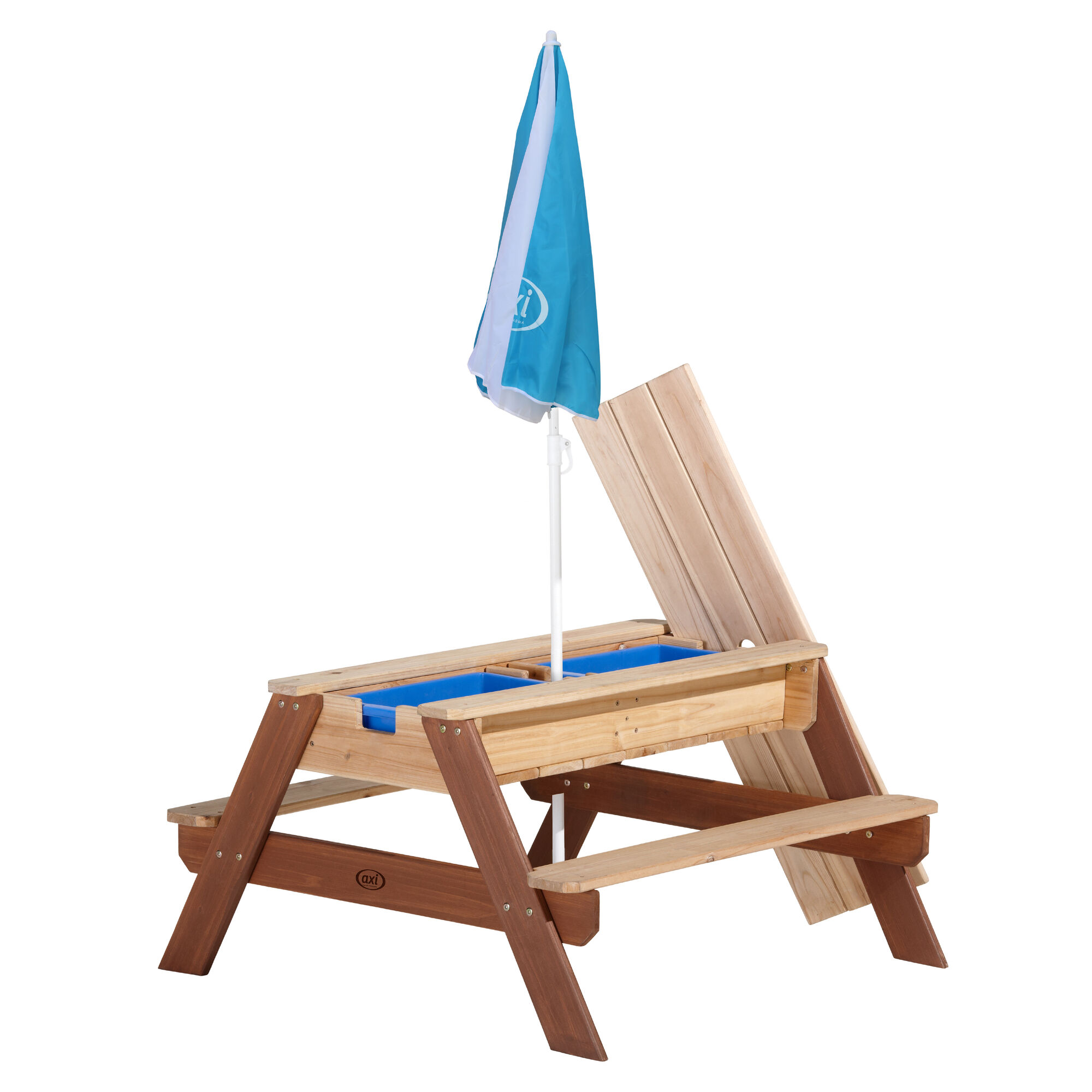 AXI Nick Zand & Water Picknicktafel Bruin - Parasol Blauw/wit - FSC Hout