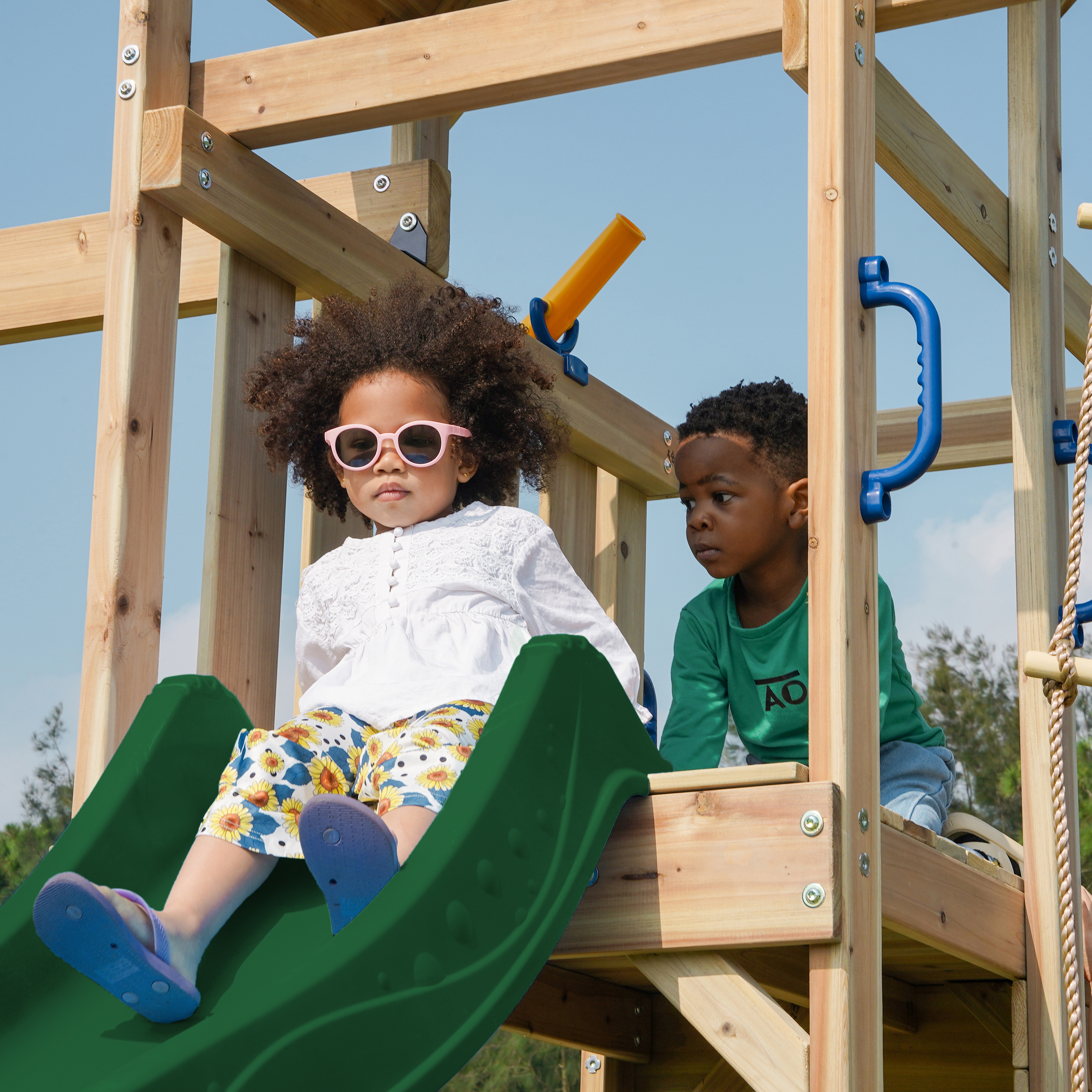 AXI Moos Climbing Frame with Double Swing Set - Green Slide