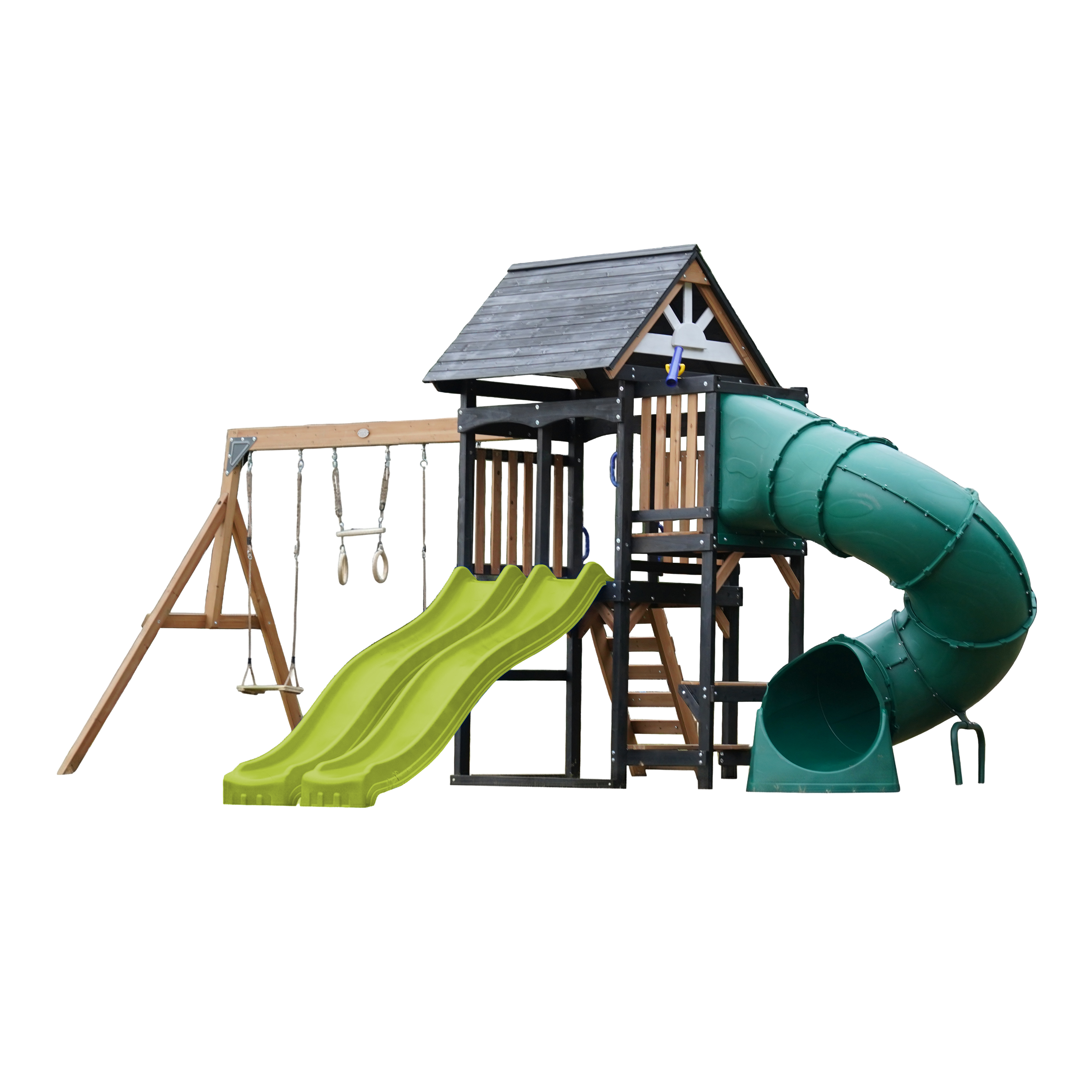 AXI Cody Climbing Frame with Swings, Trapeze and Climbing Wall – Lime Green Double Slide and Tube Slide