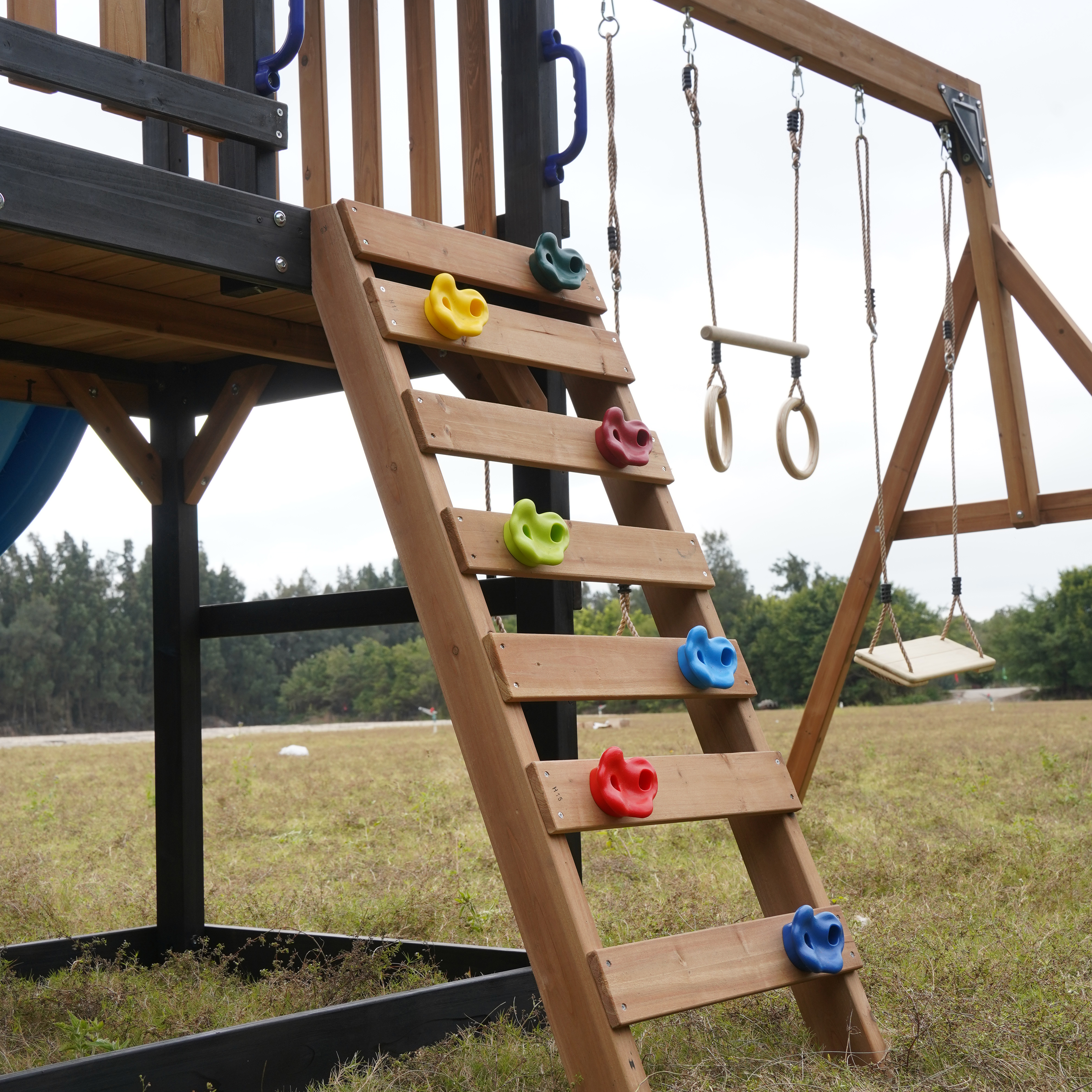 AXI Cody Climbing Frame with Swings. Trapeze and Climbing Wall – Grey Double Slide and Tube Slide