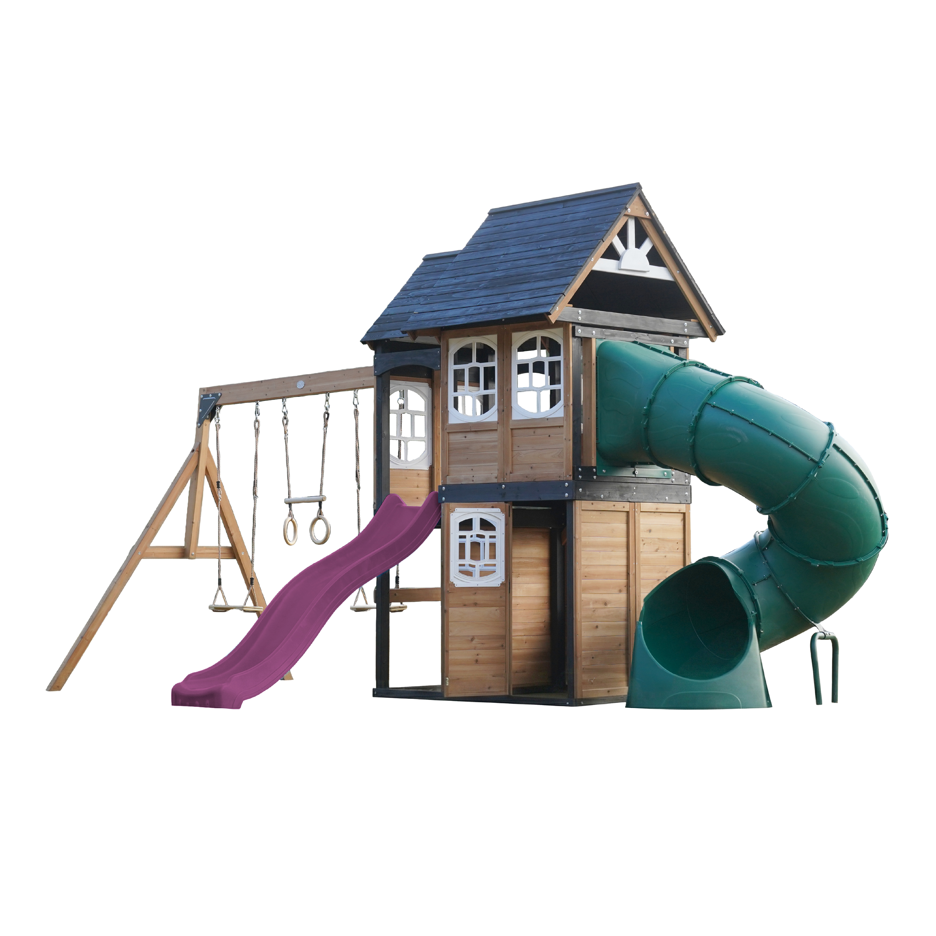 AXI Noud Climbing Frame with Playhouse, Swings, Trapeze and Climbing Wall – Purple Slide and Tube Slide