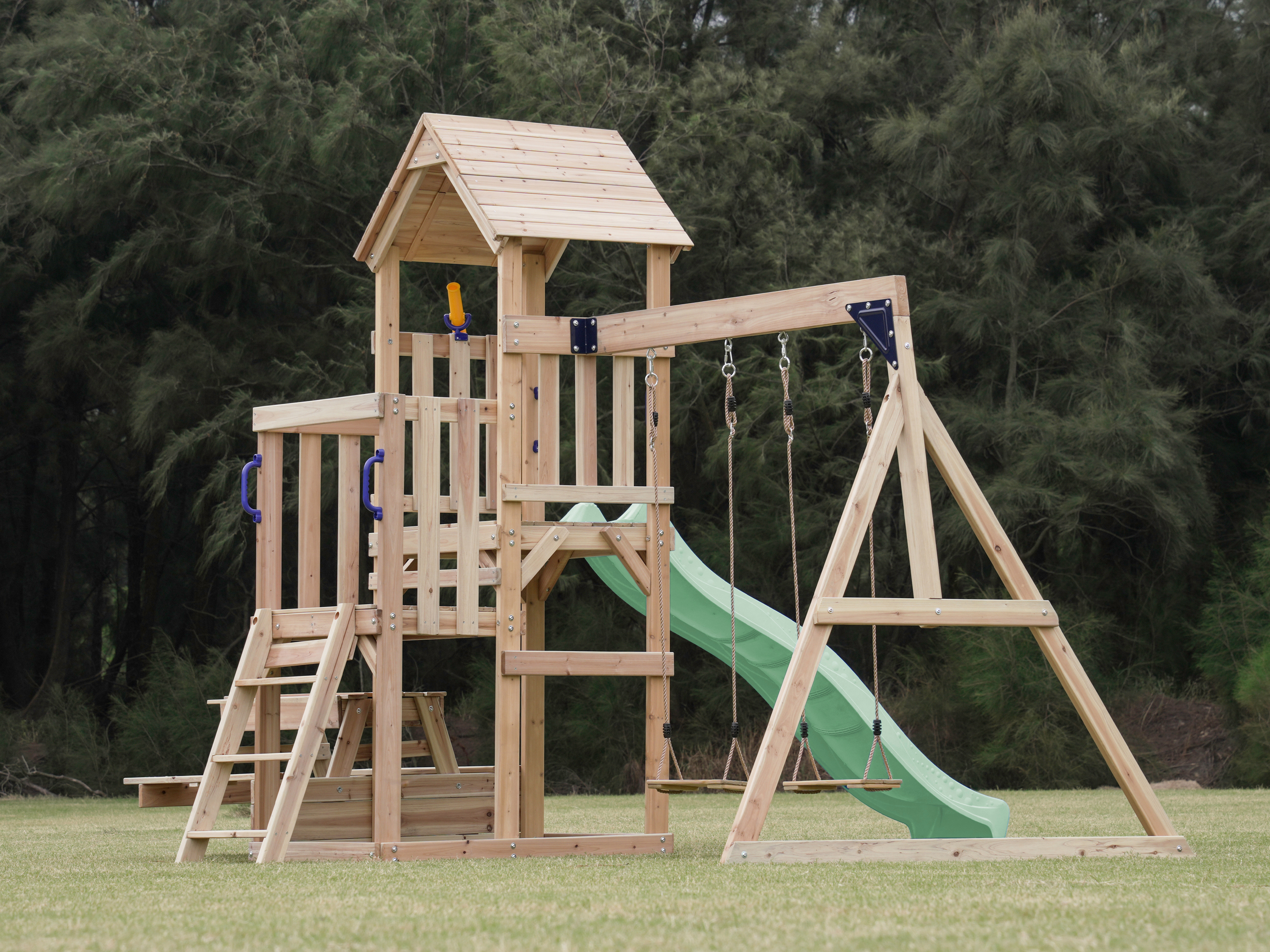 AXI Mette Climbing Frame with Double Swing Set and Picnic Table - Pastel Green Slide