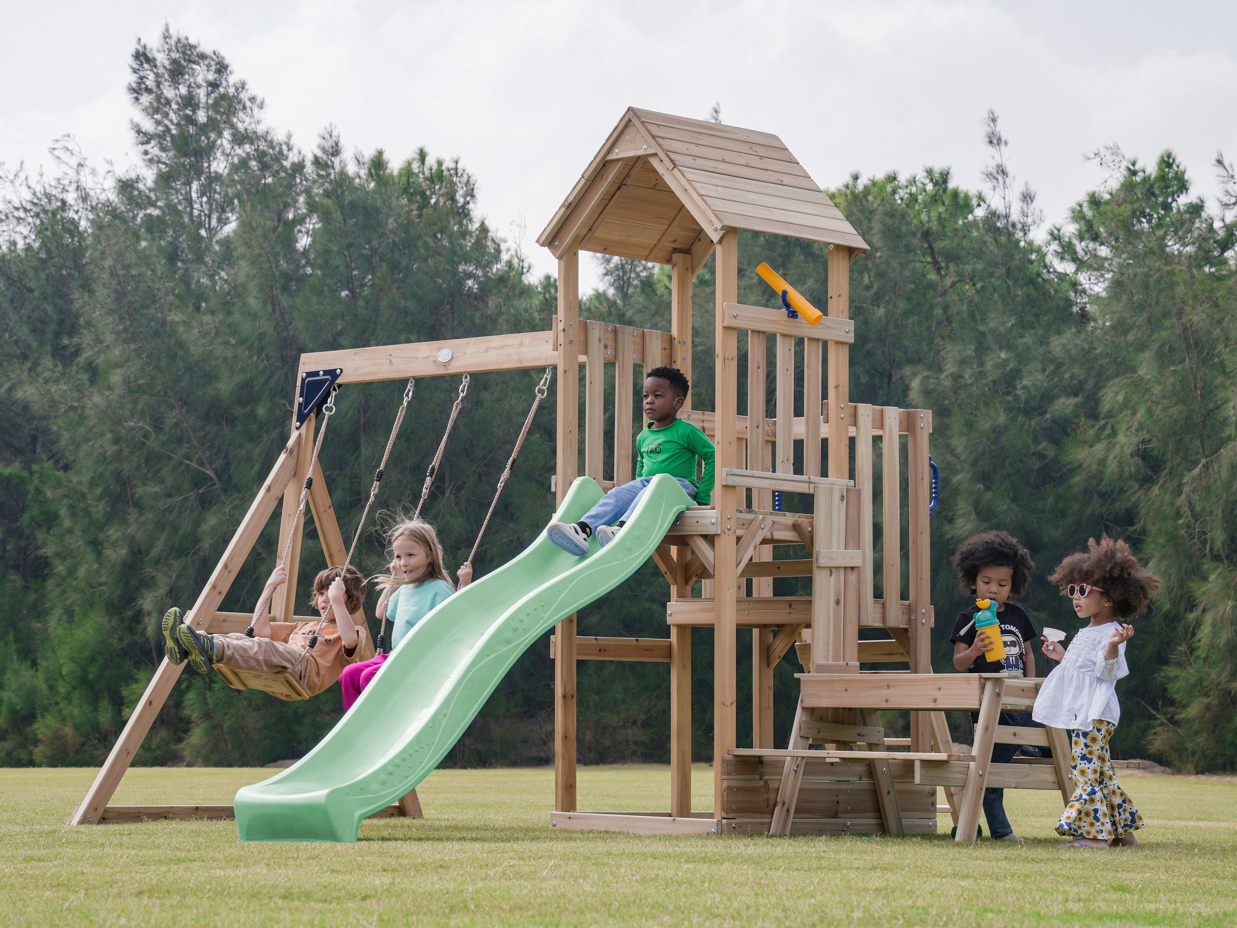 AXI Mette Climbing Frame with Double Swing Set and Picnic Table - Pastel Green Slide