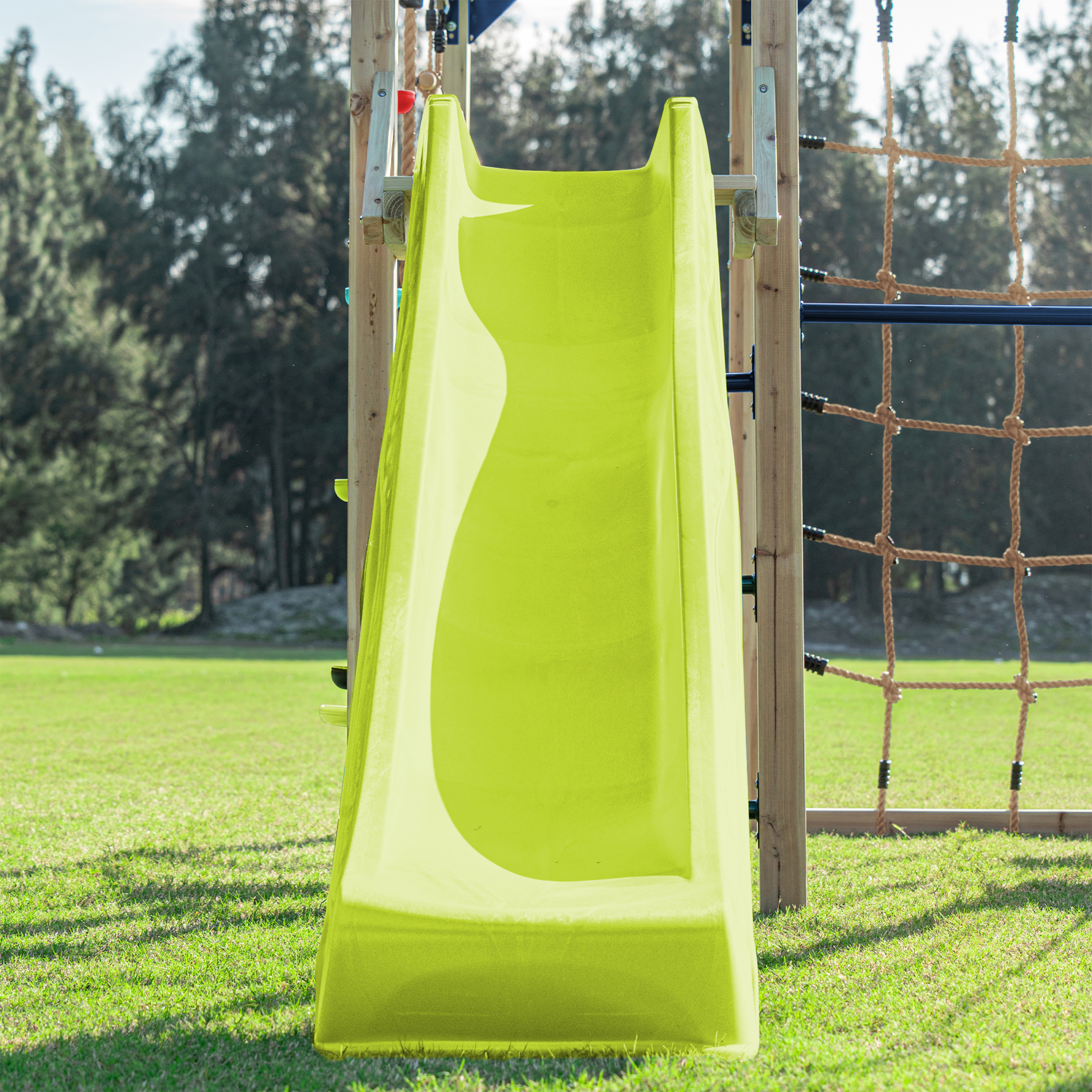AXI Boris Wooden Playcentre with Swings. Trapeze. Climbing Nets and Monkey Bars – Lime Green Slide