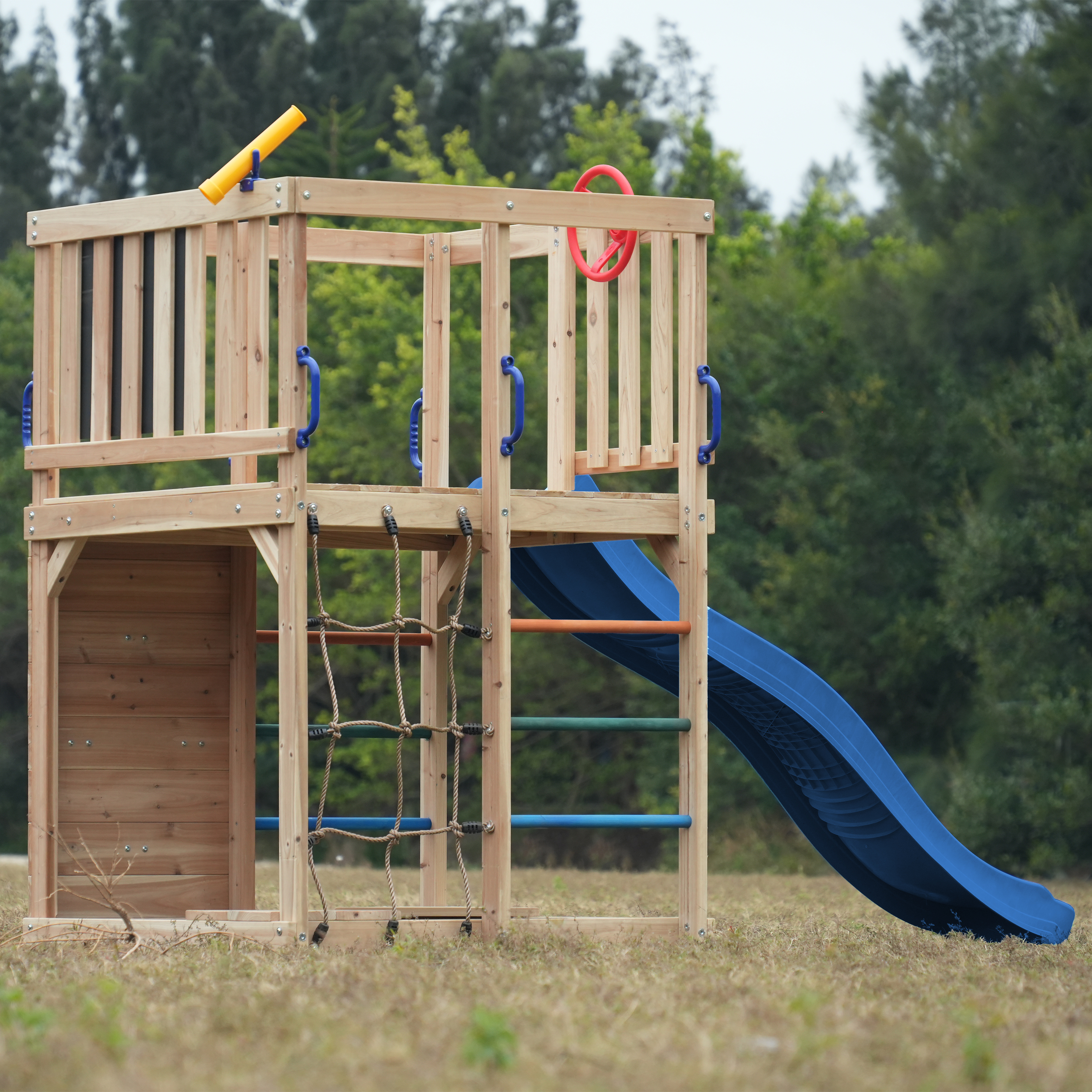AXI Sam Climbing Frame with Climbing Wall. Climbing Net and Monkey Bars – Blue Slide