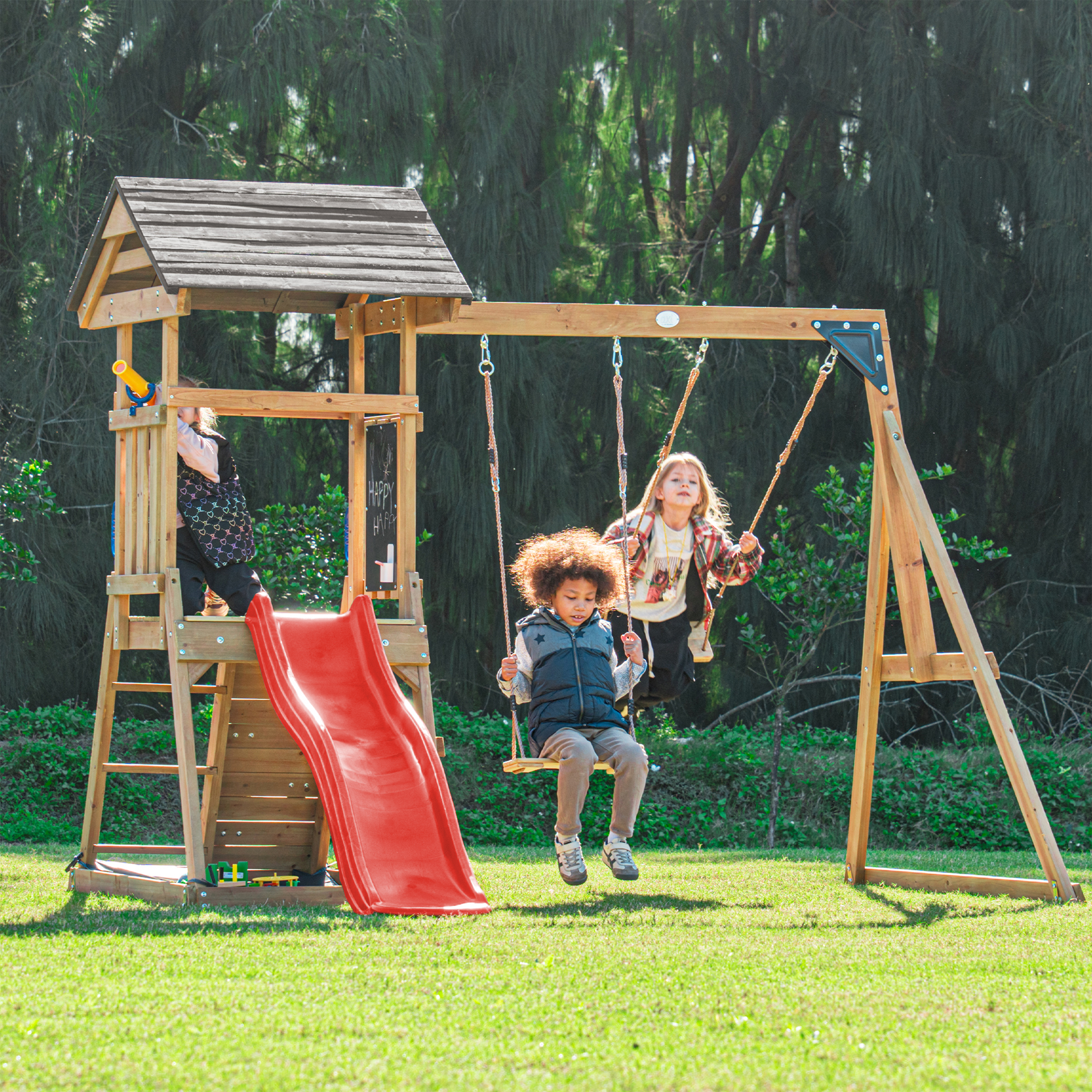 AXI Mia Climbing Frame with Double Swing Set – Red Slide