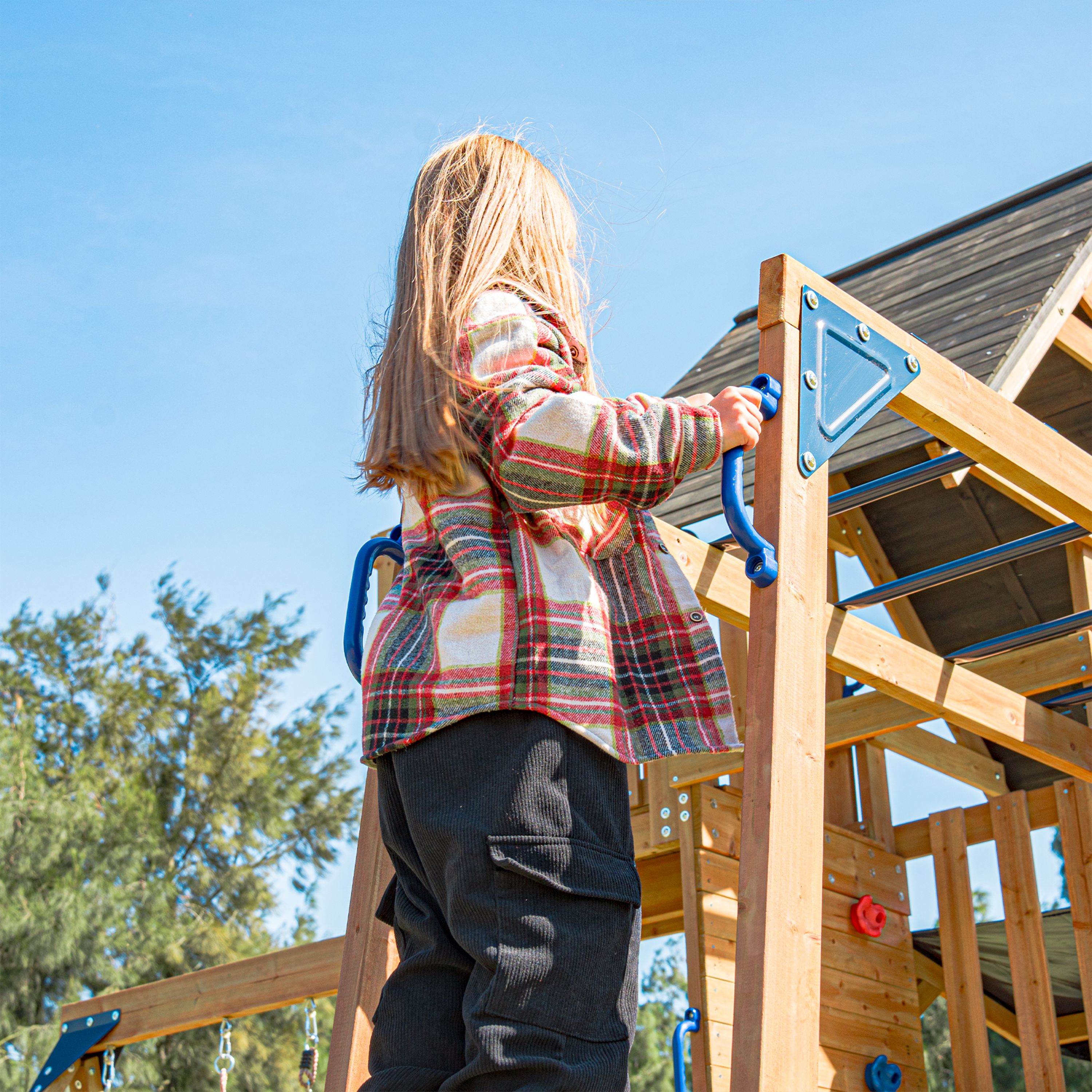 AXI Mitch Climbing Frame with Double Swing. Trapeze and Lookout Tower – Grey Slide