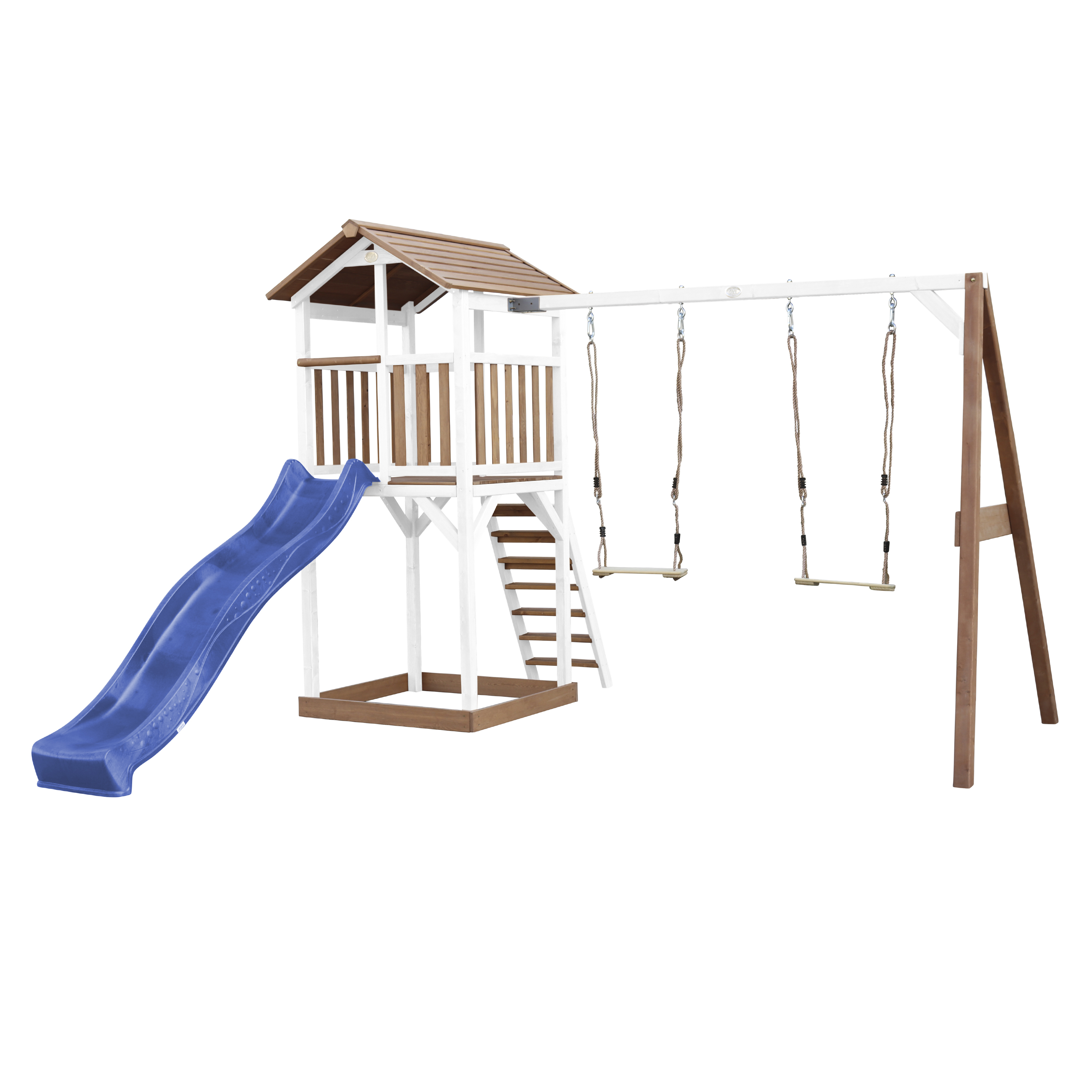 AXI Beach Tower with Double Swing Set Brown/White - Blue Slide-8717973939207 AXI Beach Tower with Double Swing Set Brown/White - Blue Slide