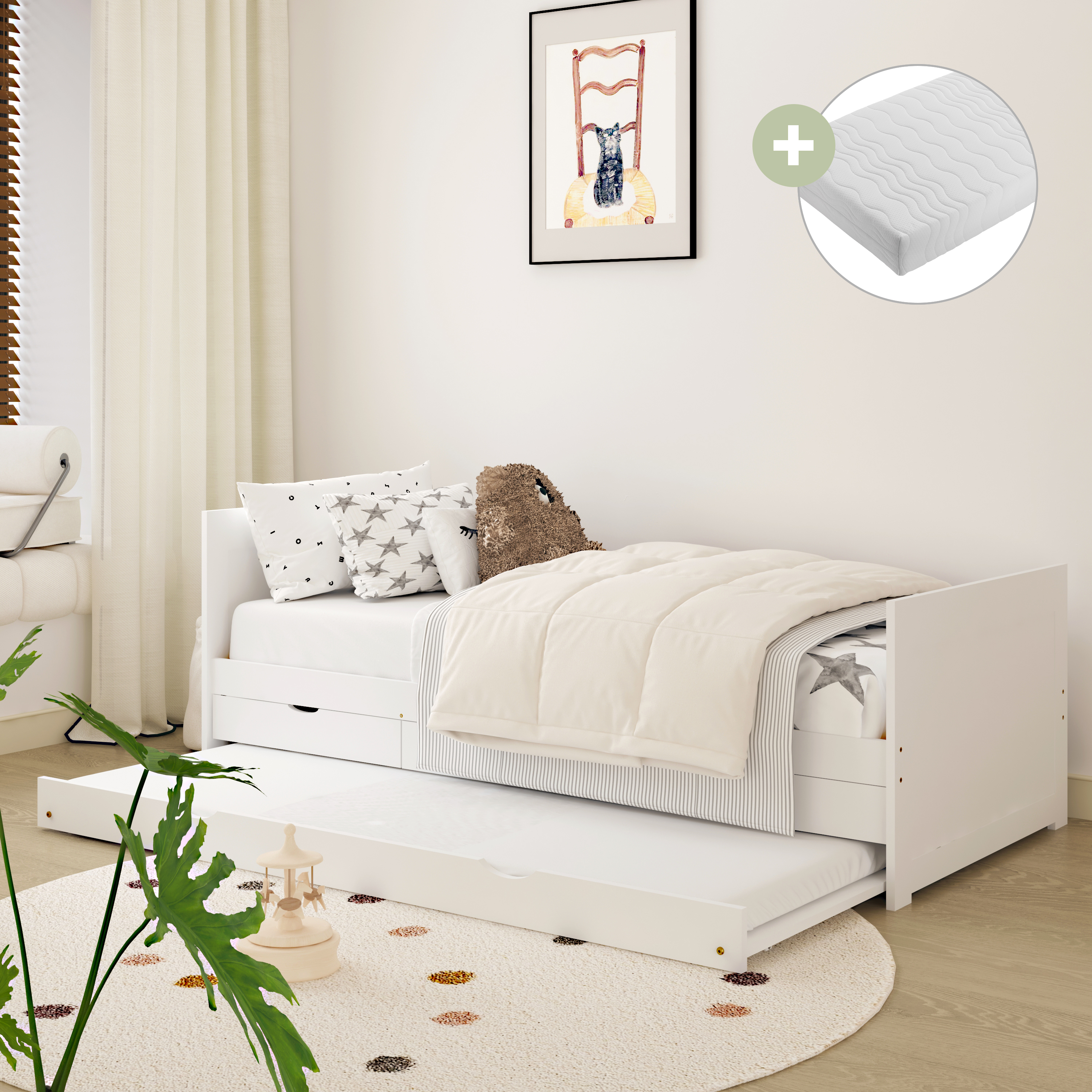 Sunny Eli Kids Bed with Pull-Out Bed and 3 Storage Drawers White – With Mattress