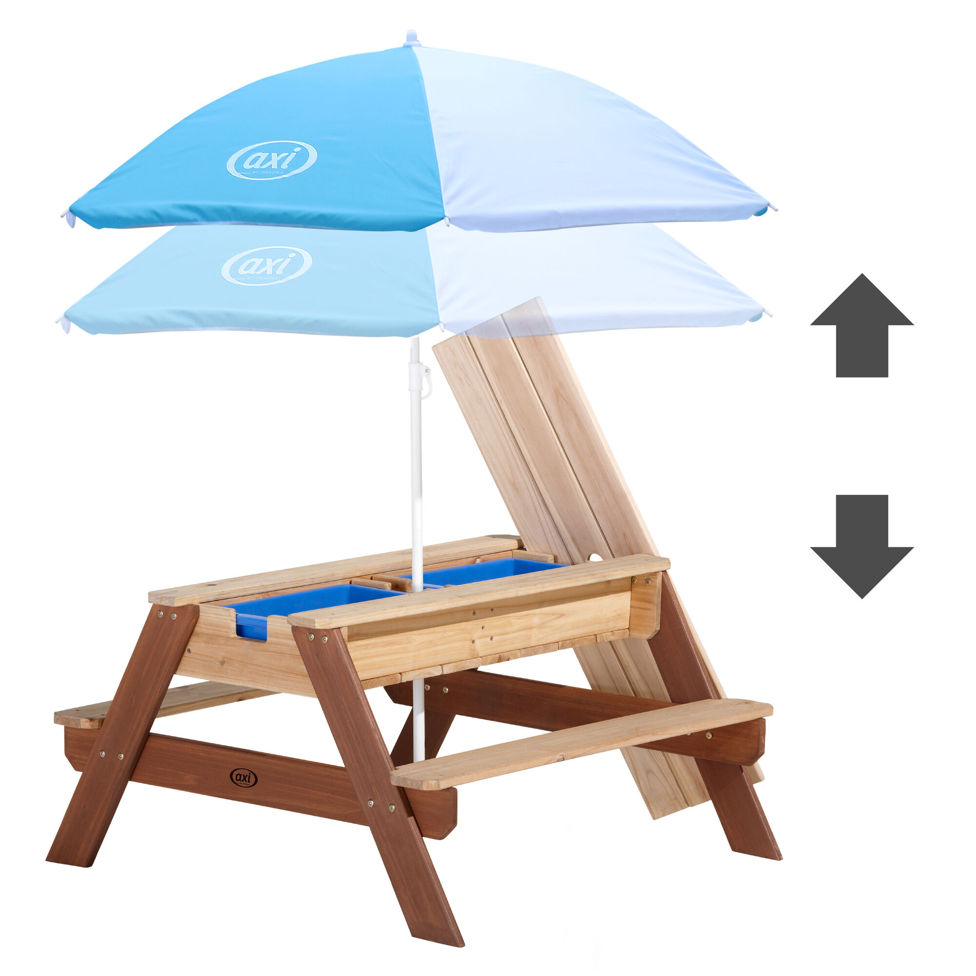 AXI Nick Zand & Water Picknicktafel Bruin - Parasol Blauw/wit - FSC Hout