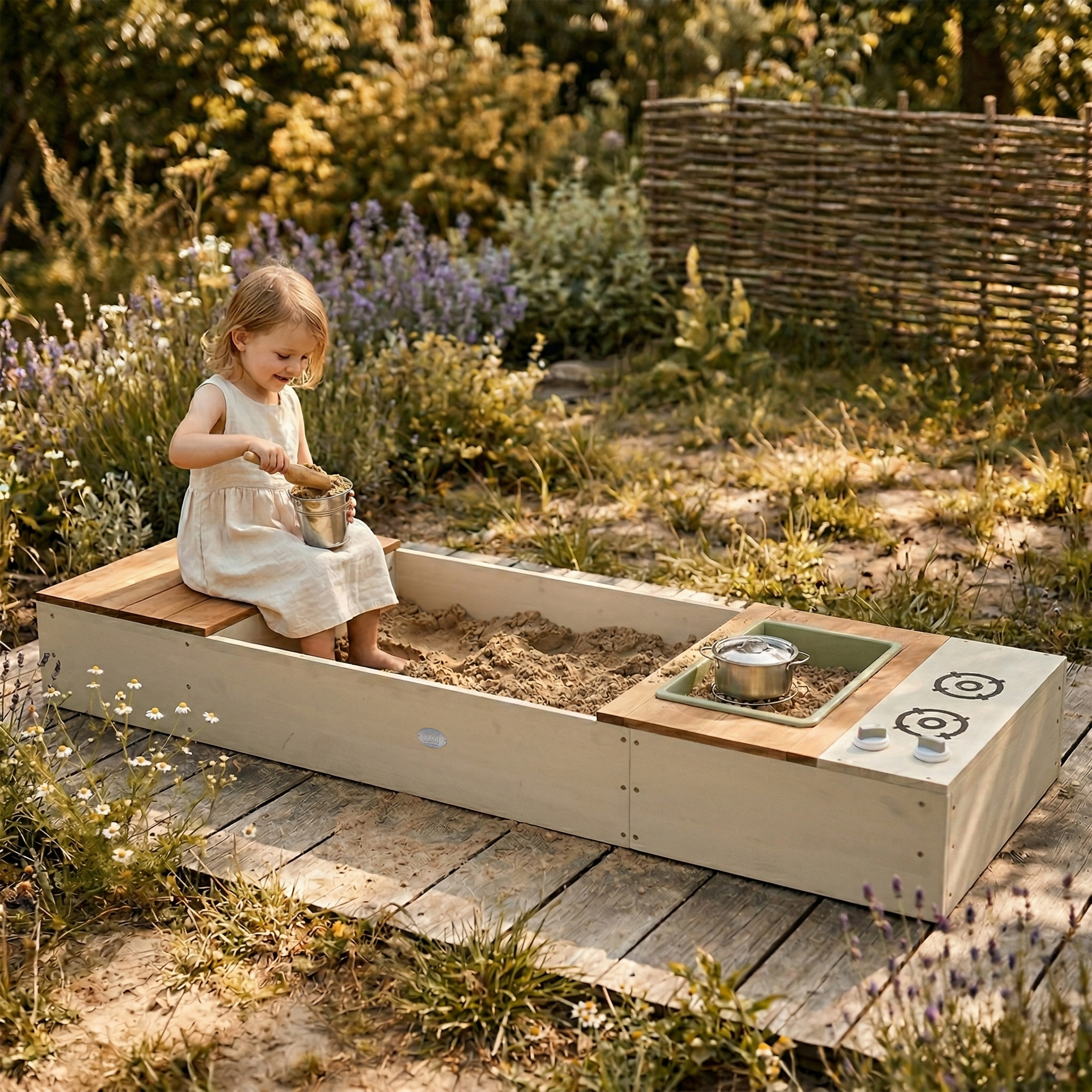 AXI Pippa Sandbox with Play Kitchen and Storage Bench - 160 x 50 cm - Beige/Brown