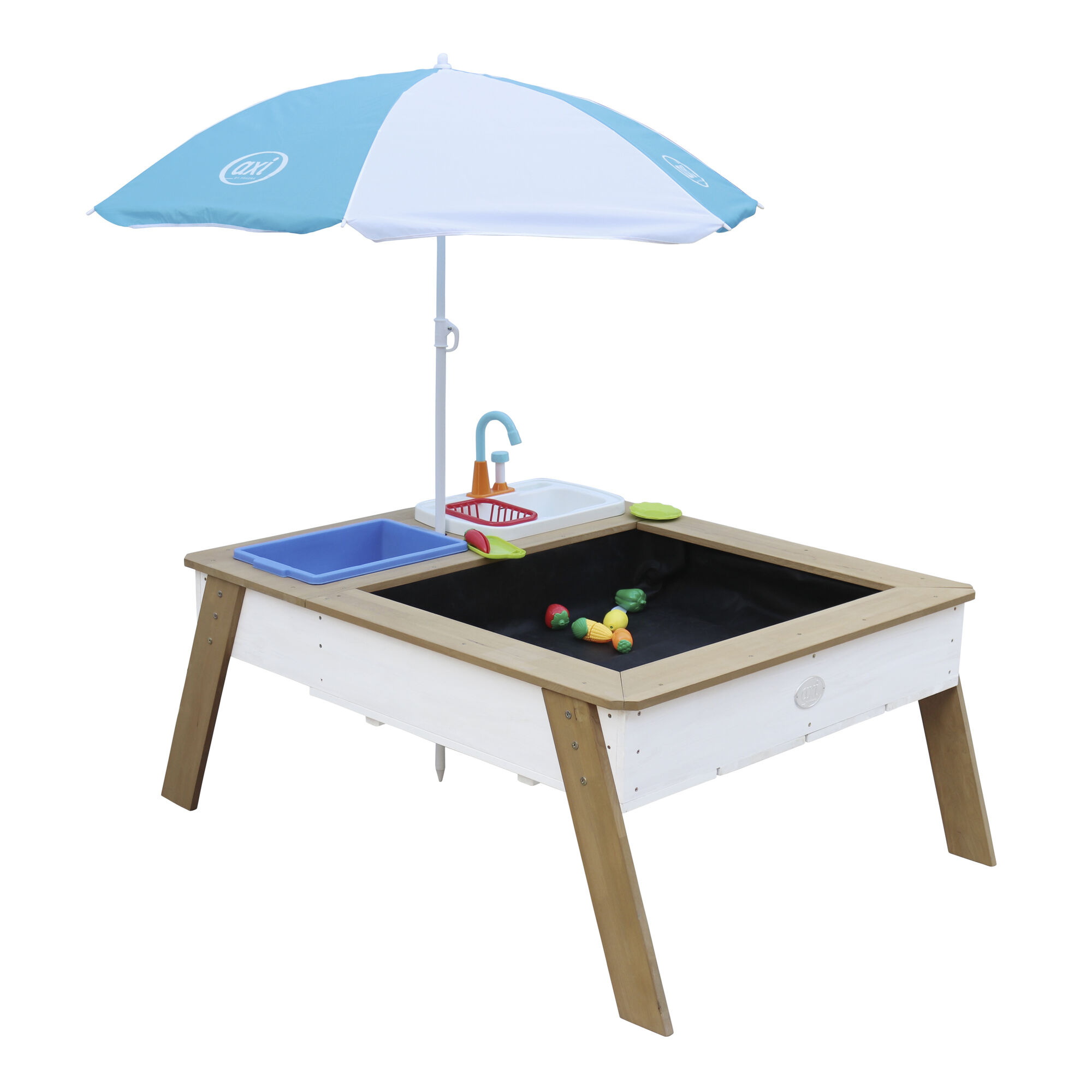 AXI Linda Zand & Water Tafel met Speelkeuken wastafel Bruin/wit - Parasol Blauw/wit