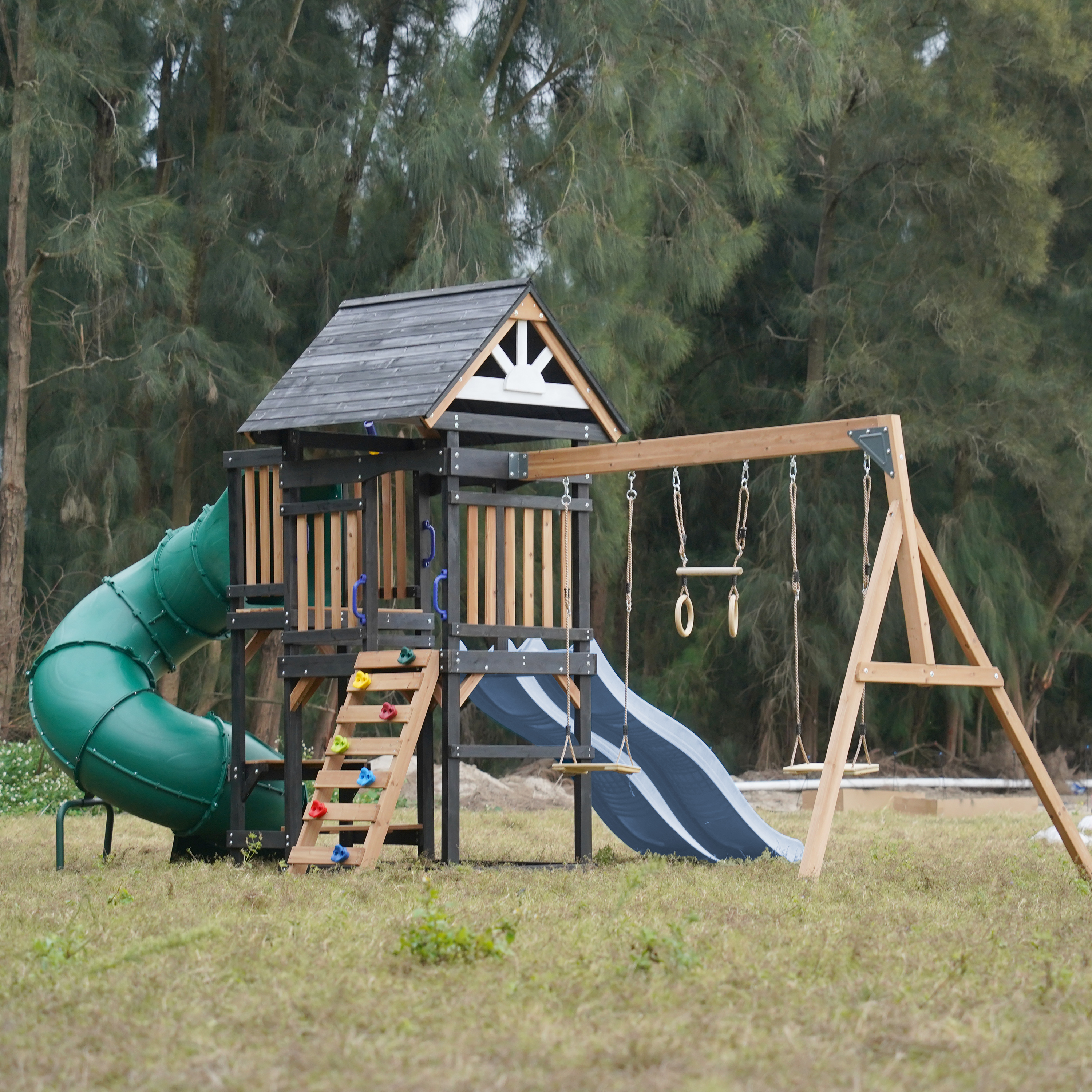 AXI Cody Climbing Frame with Swings, Trapeze and Climbing Wall – Pastel Blue Double Slide and Tube Slide
