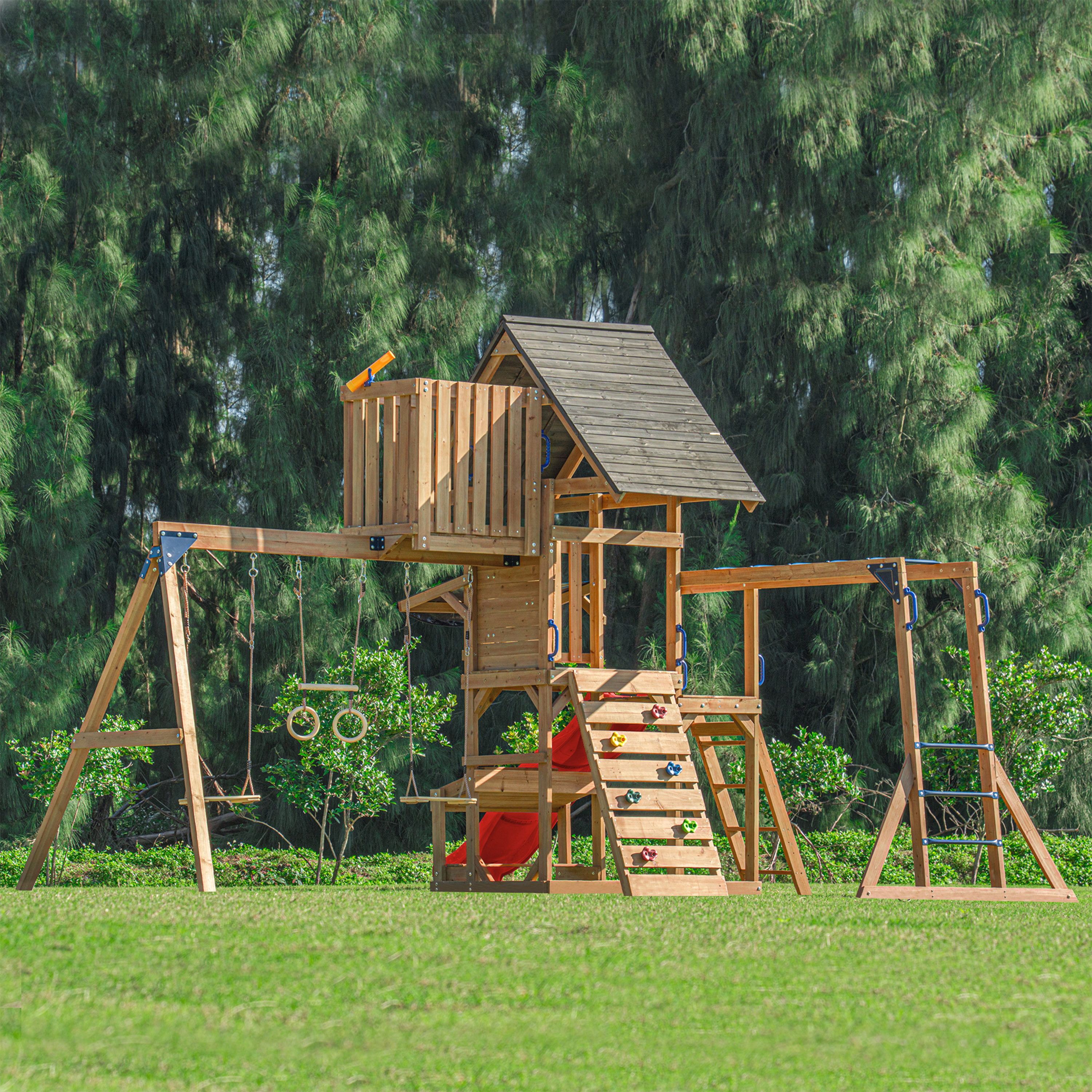 AXI Mitch Climbing Frame with Double Swing. Trapeze and Lookout Tower – Red Slide